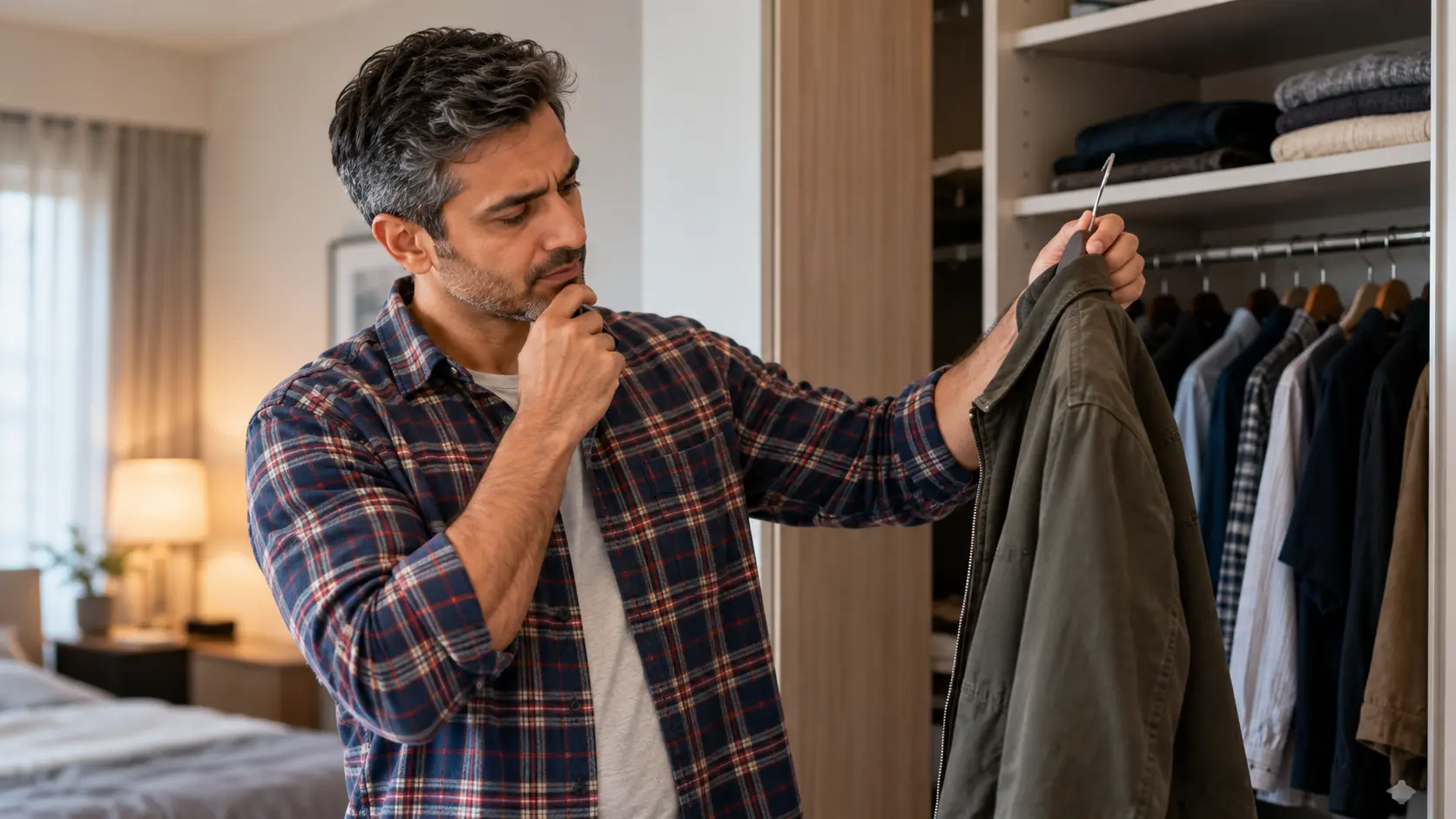 A man in his early 40s with short greying hair, wearing a casual flannel shirt, holding a jacket in one hand and looking at it thoughtfully while standing in front of an open closet