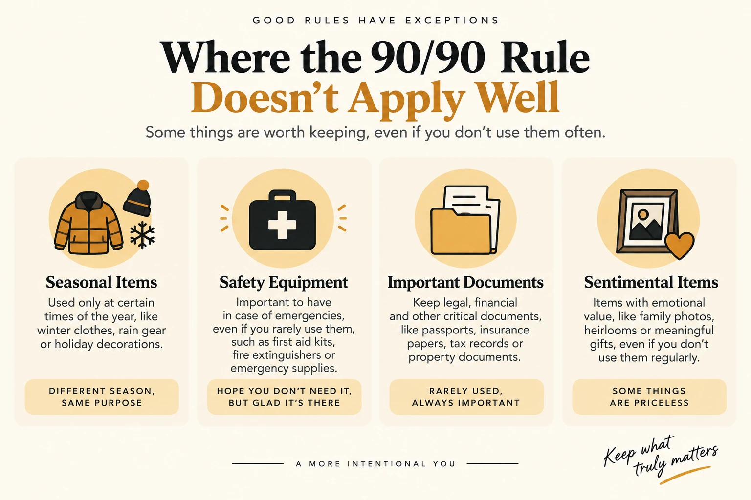 An infographic listing categories where the 90/90 rule doesn't apply well, including seasonal items, safety equipment, important documents, and sentimental items