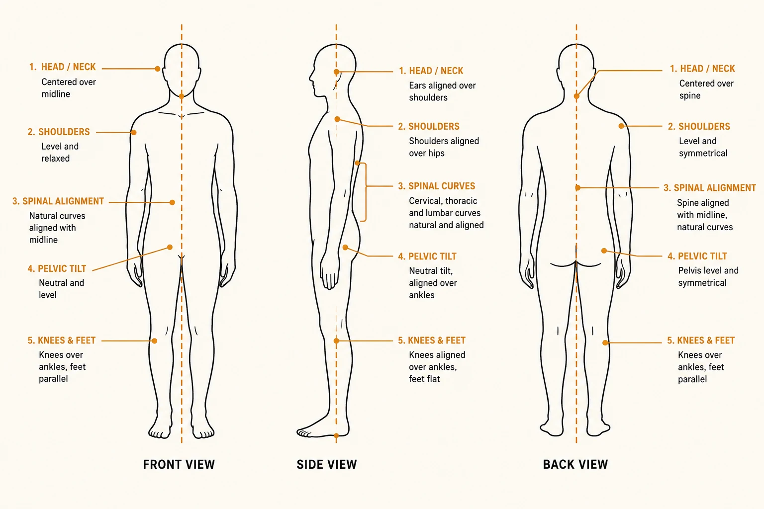 Static postural assessment reference showing front, side, and back views with a plumb line and five checkpoints: head and neck, shoulders, spinal alignment, pelvic tilt, and knees and feet