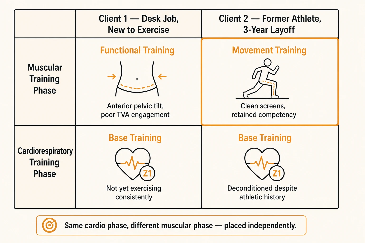 Grid comparing two clients: both are placed in Base Training for Cardiorespiratory Training, but one starts in Functional Training and the other in Movement Training for Muscular Training, showing the two components are placed independently