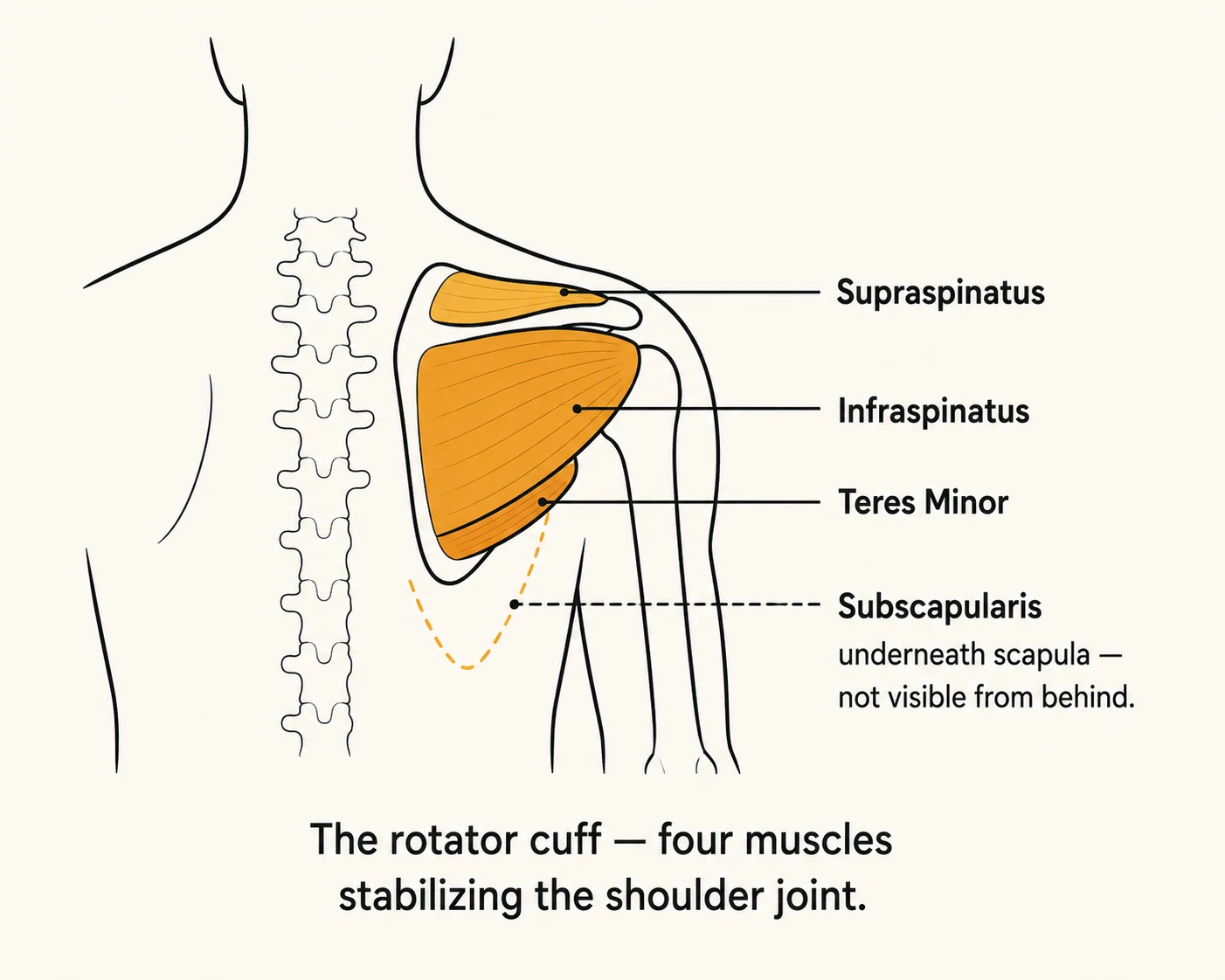 Posterior shoulder diagram labeling the four rotator cuff muscles: supraspinatus, infraspinatus, teres minor, and subscapularis