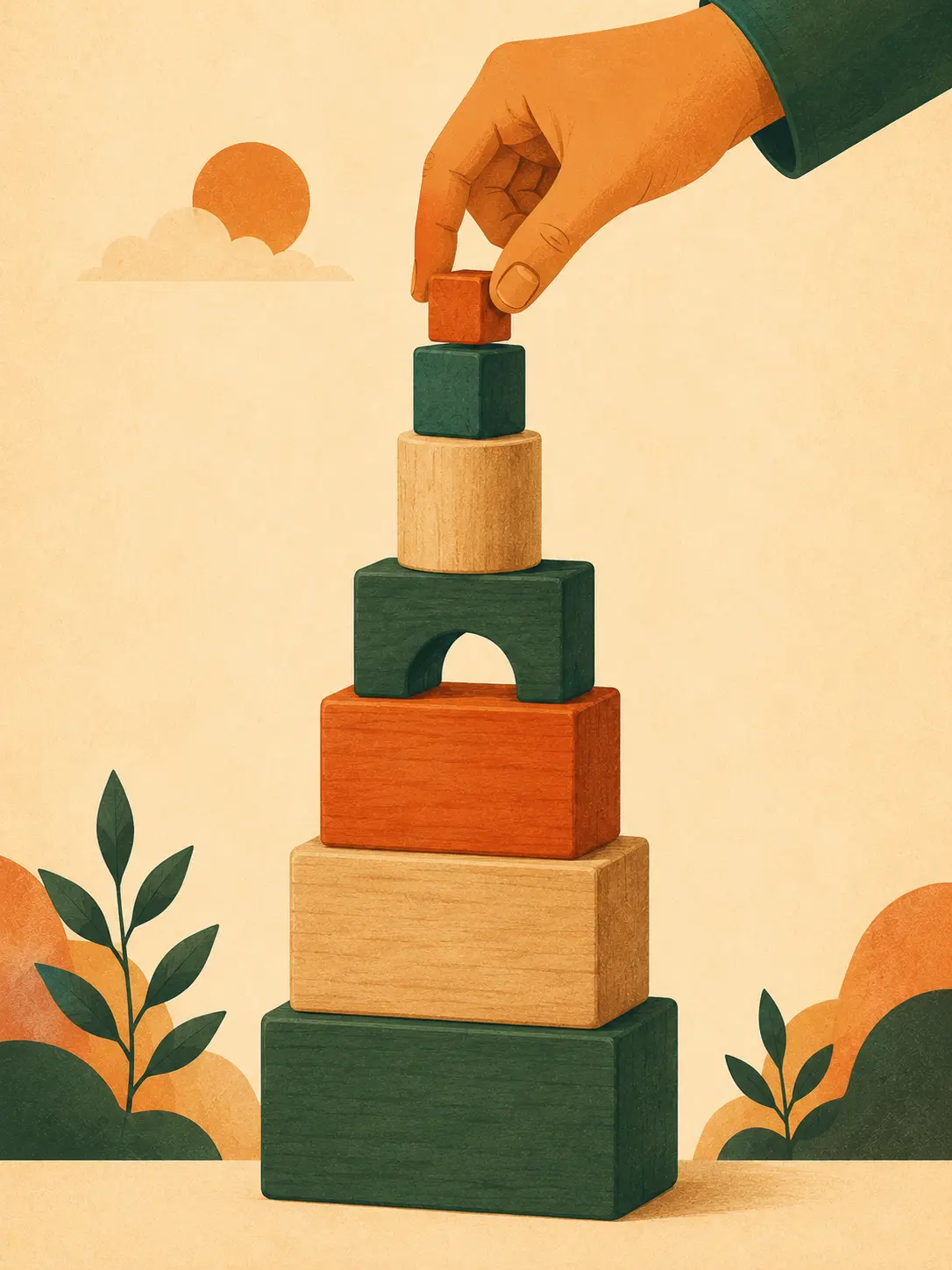 Illustration of seven wooden building blocks stacked as a stable tower — three large blocks forming the base with smaller decorative blocks on top, like a well-built portfolio