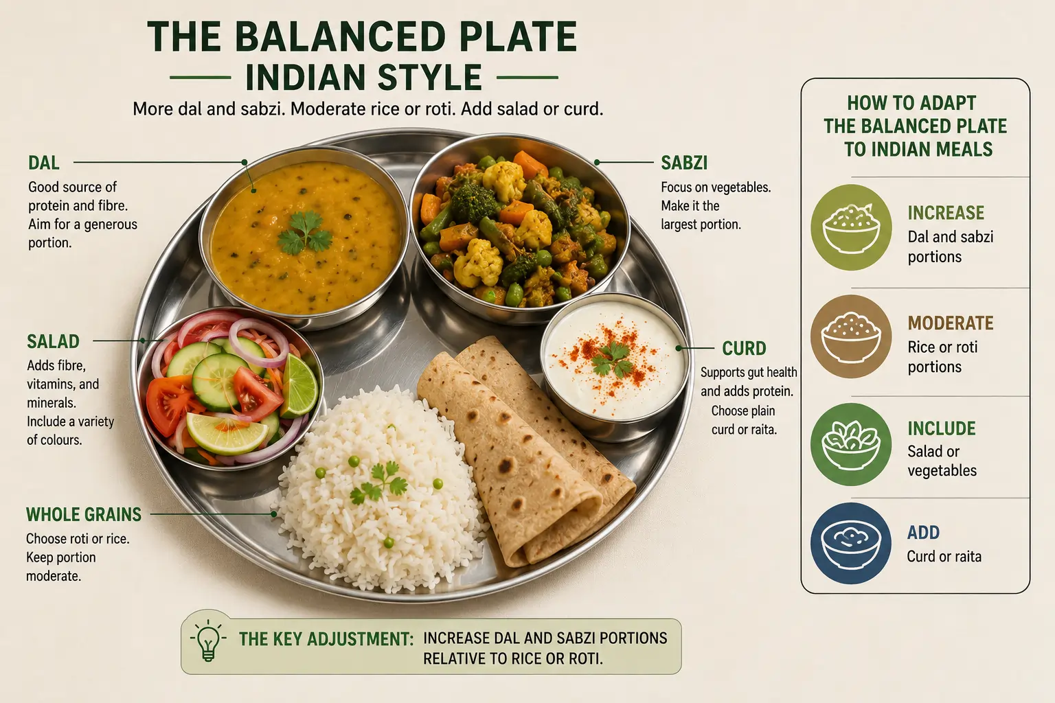 A traditional Indian-style meal laid out with dal, sabzi, rice and roti — showing how the balanced plate framework applies to Indian cuisine