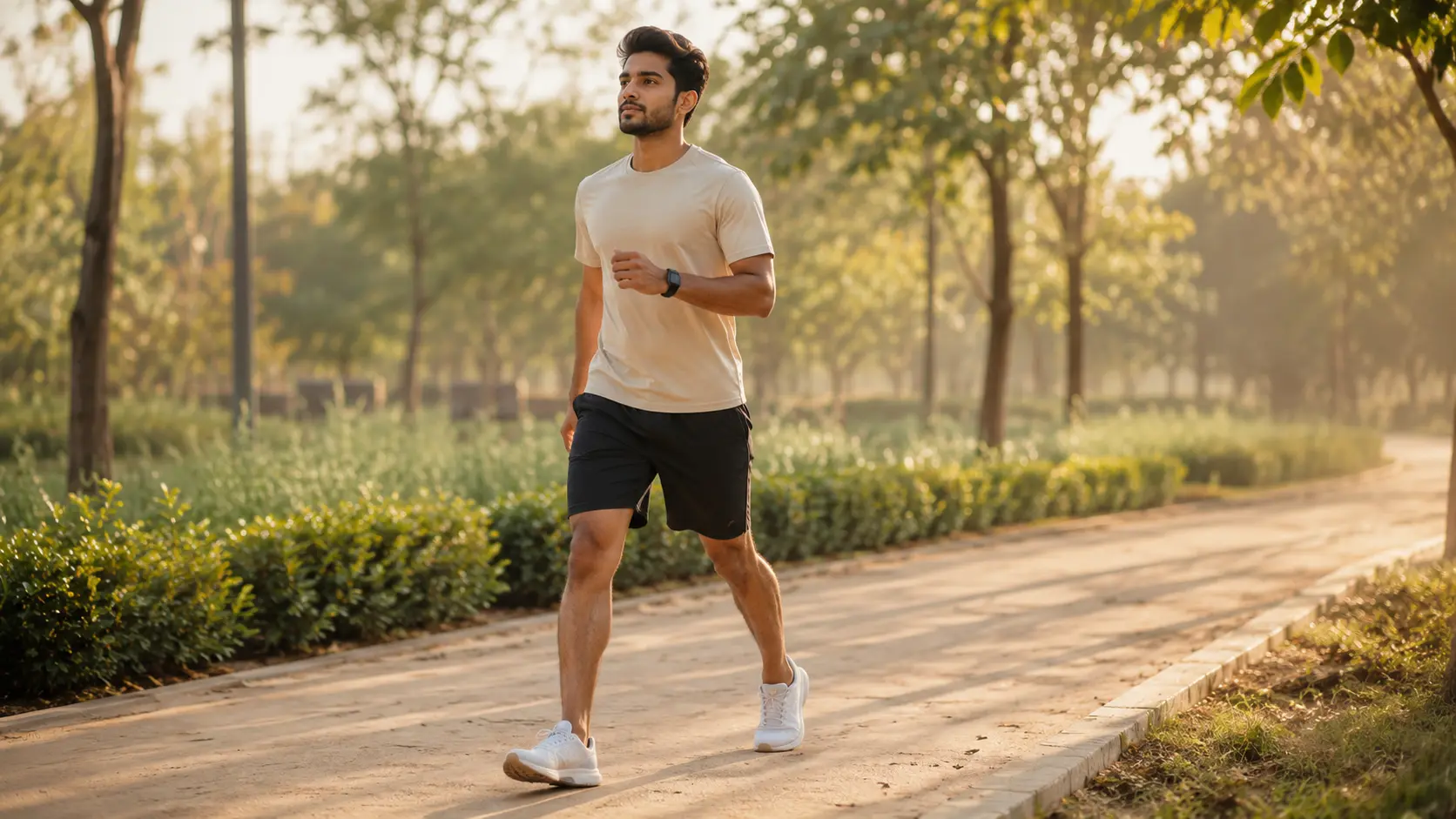 A person walking briskly outdoors on a sunny path, illustrating walking as a daily form of exercise