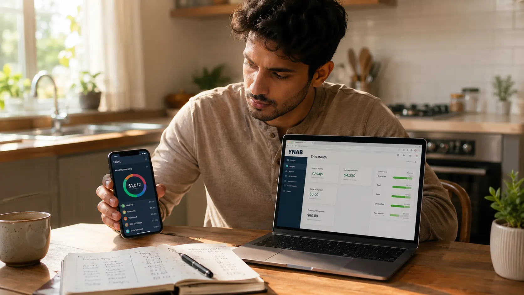 A person comparing budgeting apps side by side on a phone and laptop at a kitchen table