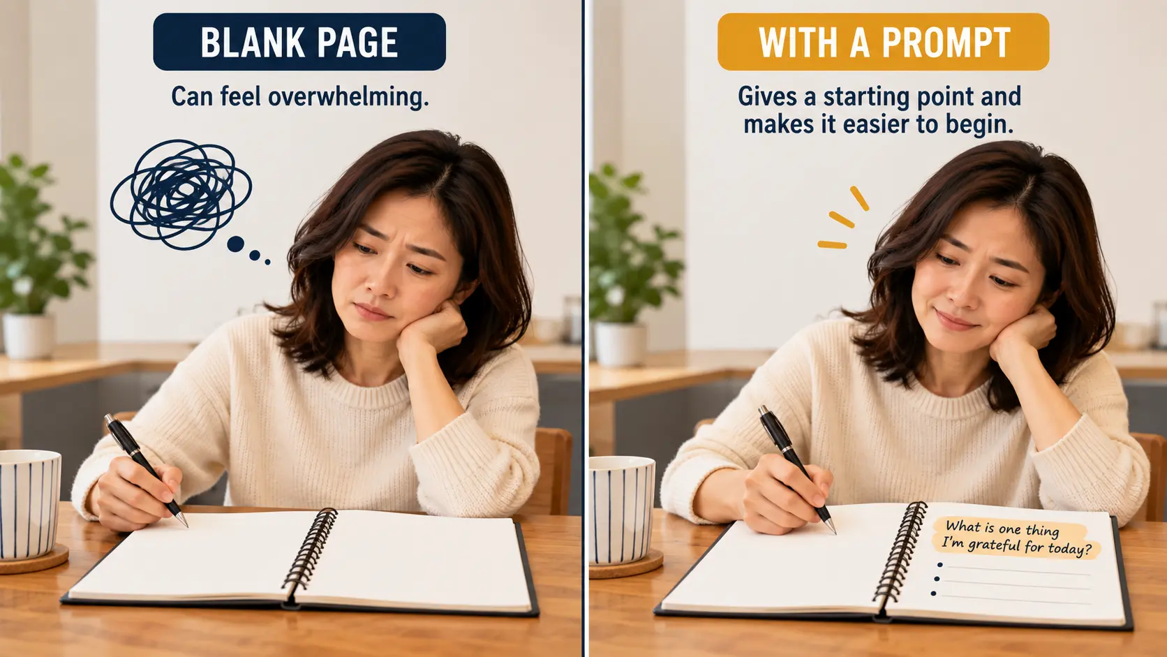 A side-by-side comparison illustration showing a blank journal page next to a page with a simple written prompt, demonstrating how a prompt removes the barrier to starting