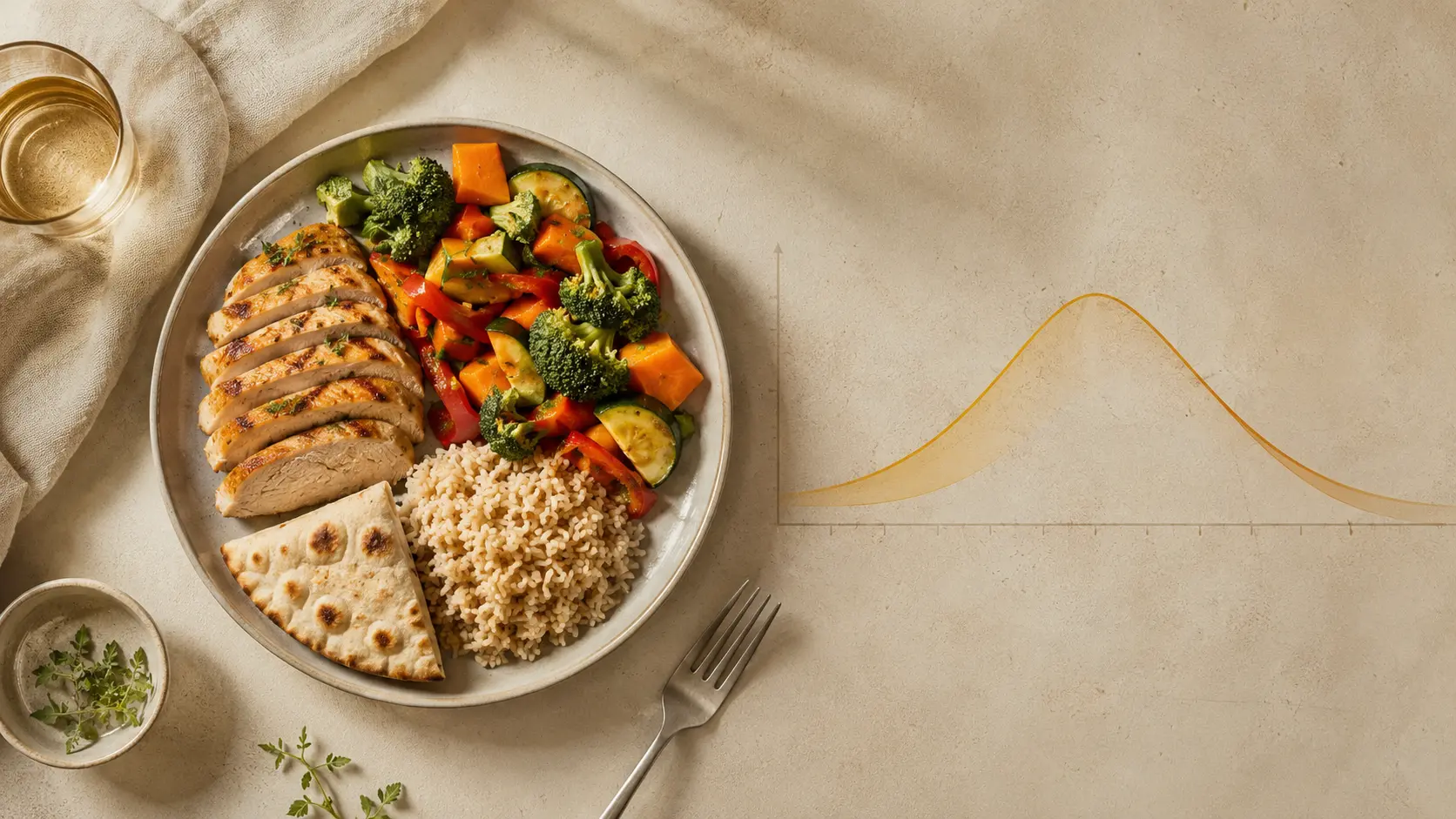 A plate of food next to a simple line graph showing blood sugar rising and falling after a meal