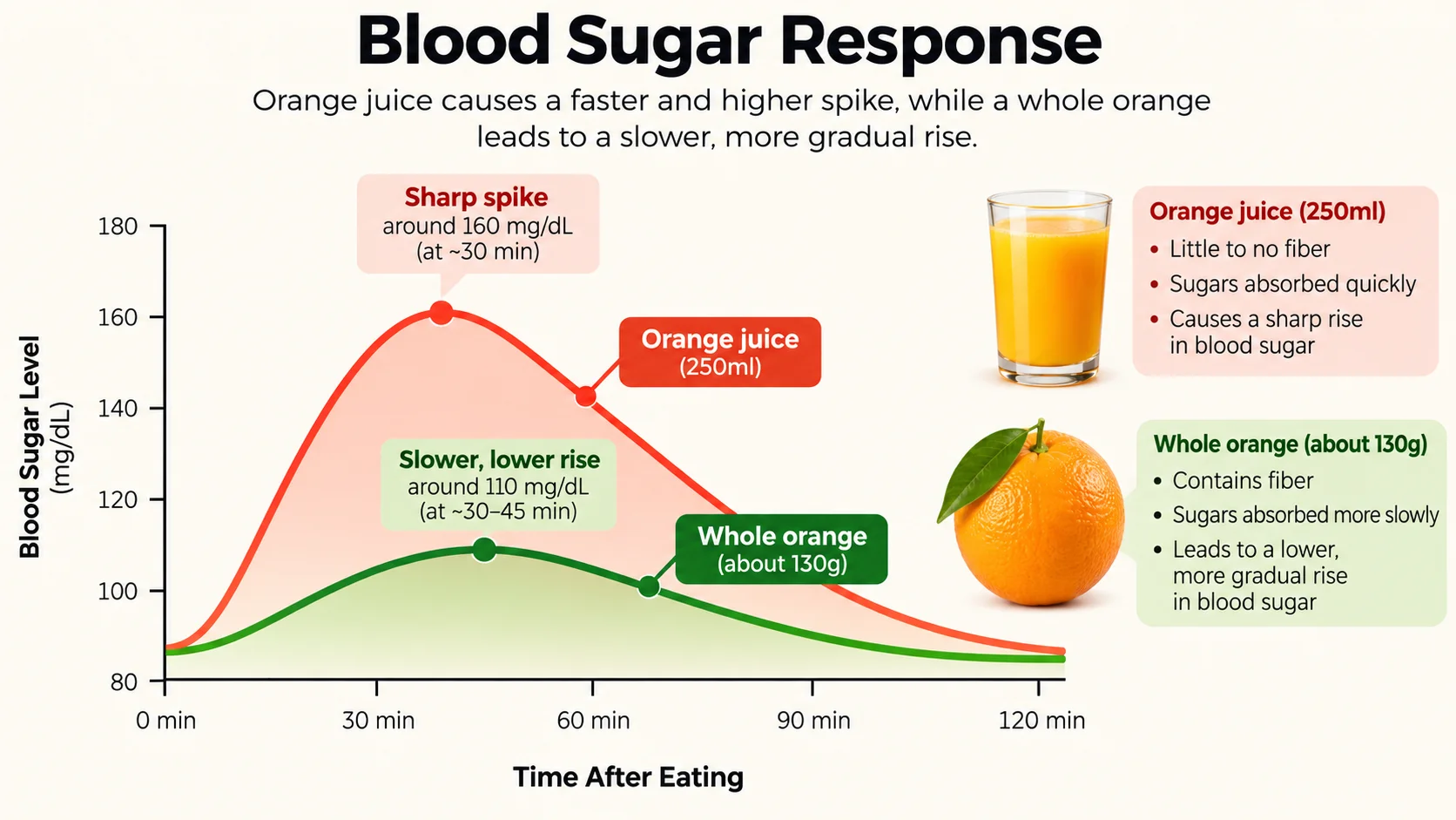 A diagram illustrating the difference in blood sugar response curves between eating whole fruit and drinking fruit juice, showing a slower, flatter rise for whole fruit and a sharper, faster spike for juice