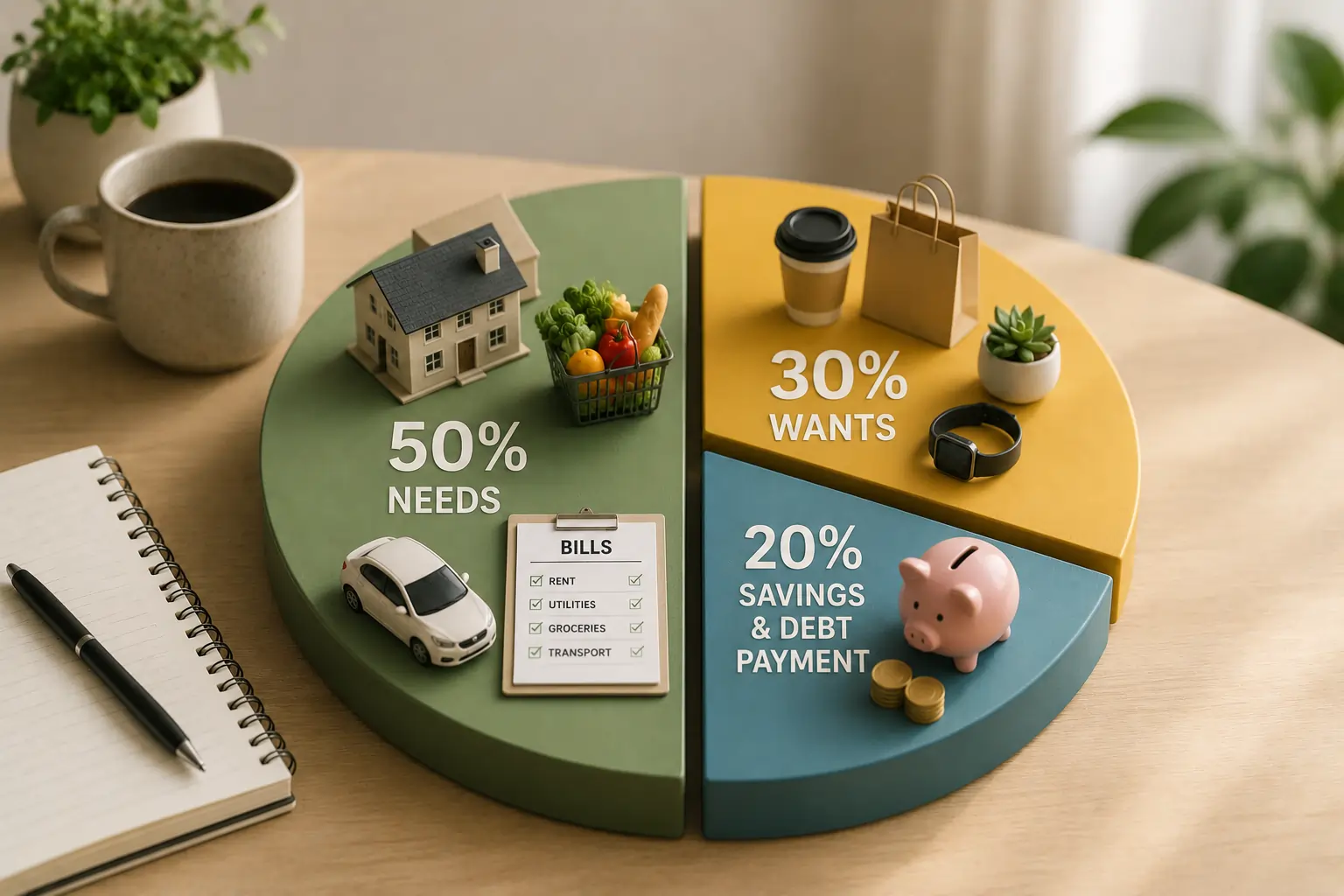 Budget planning notebook and calculator — 50/30/20 rule personal finance