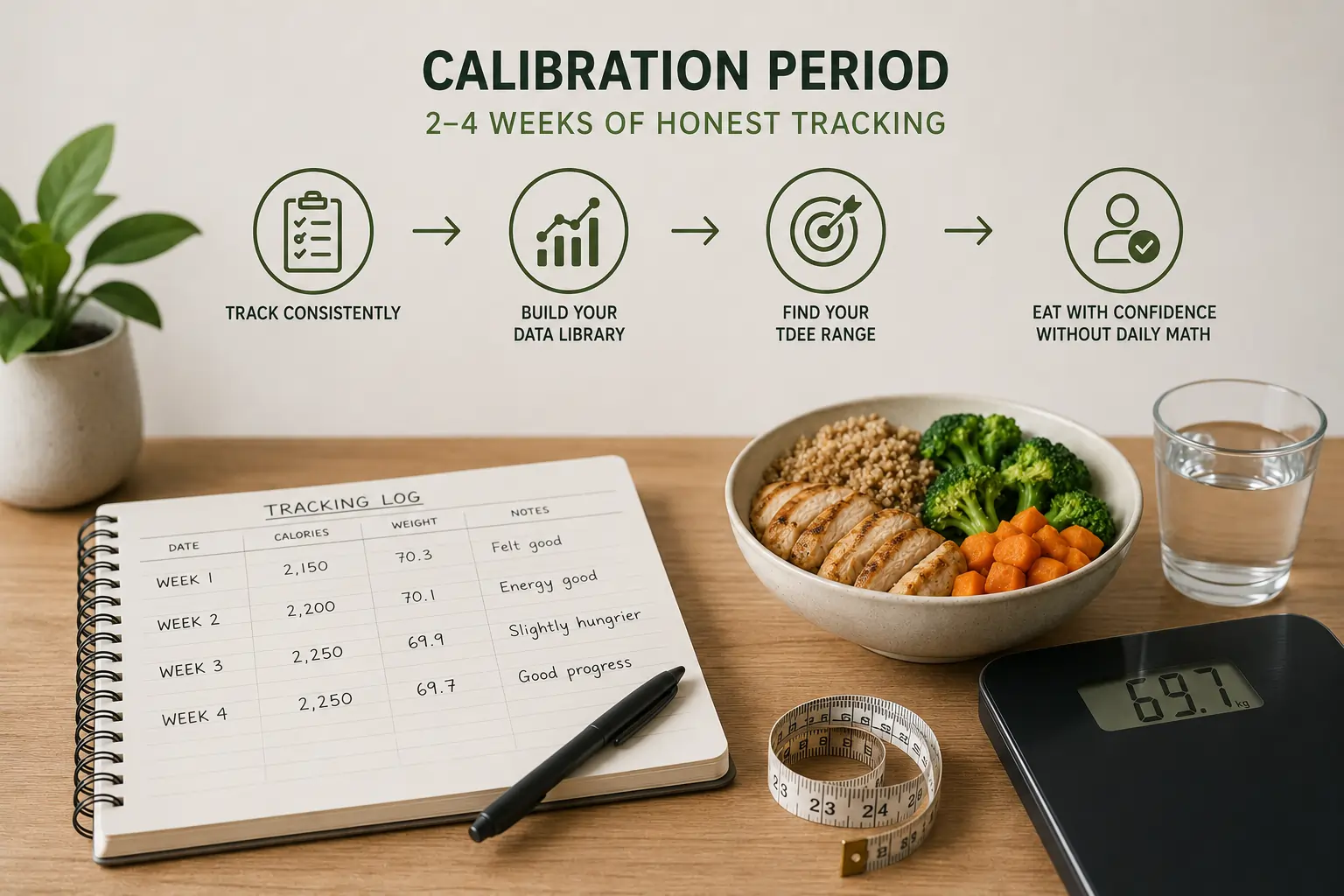 Person reviewing a food journal and planning meals — representing TDEE-informed decision-making rather than obsessive daily tracking