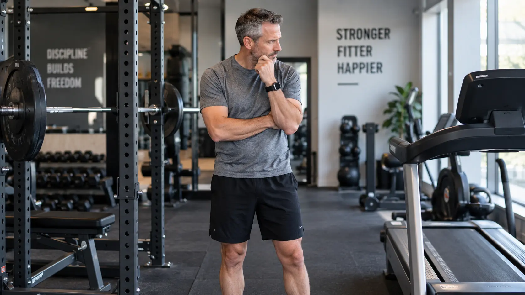 A man in workout clothes standing in a gym between a treadmill and a squat rack, looking thoughtfully between the two, deciding which to use first