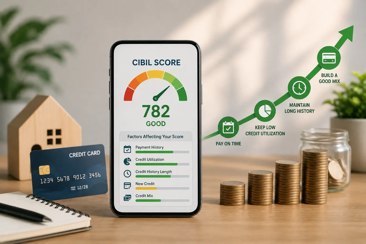 Credit score dashboard showing a CIBIL score of 780 — representing the five factors that build and improve a credit score in India