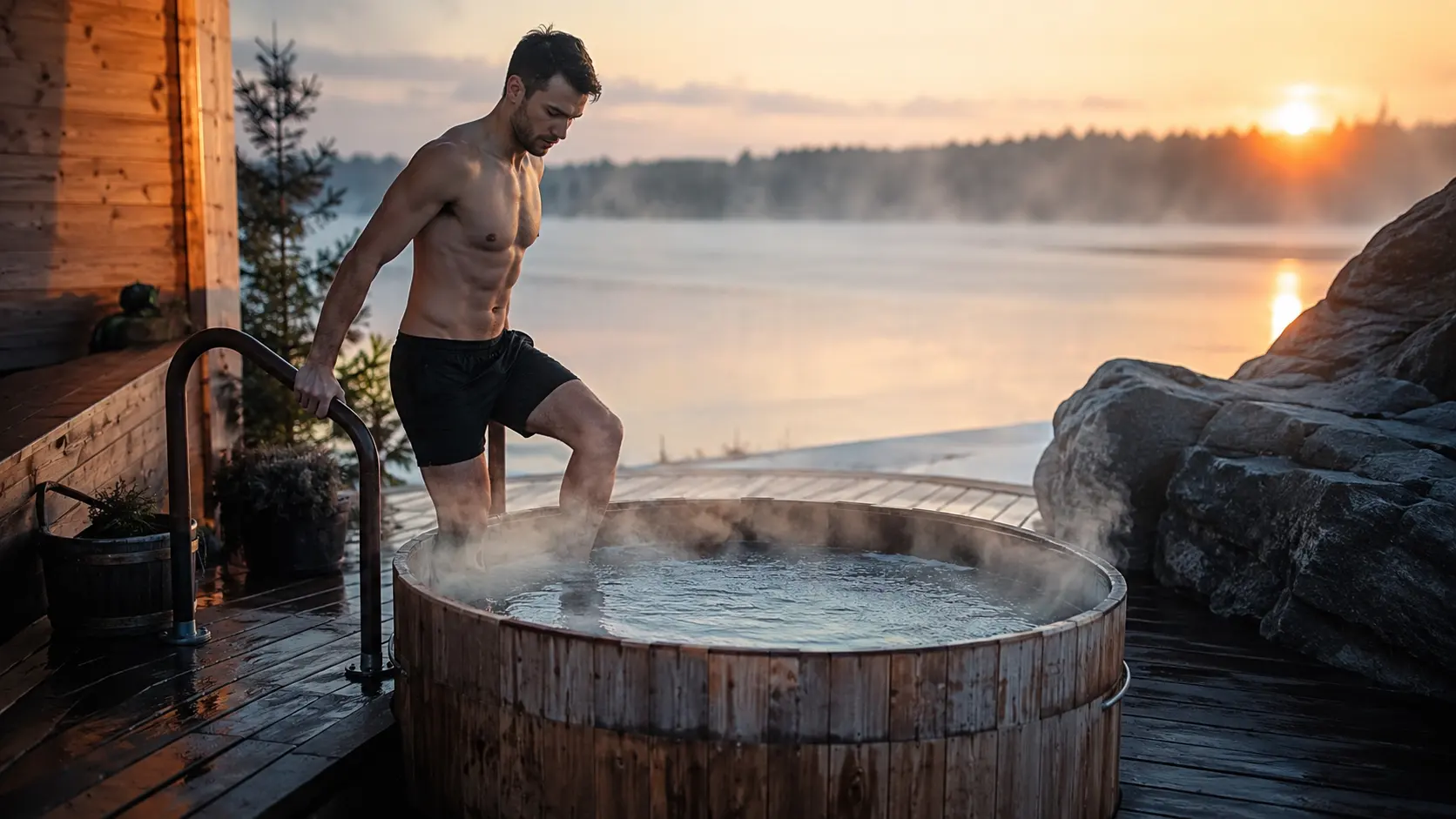 A person stepping into a cold plunge tub outdoors in the early morning, steam rising off the water