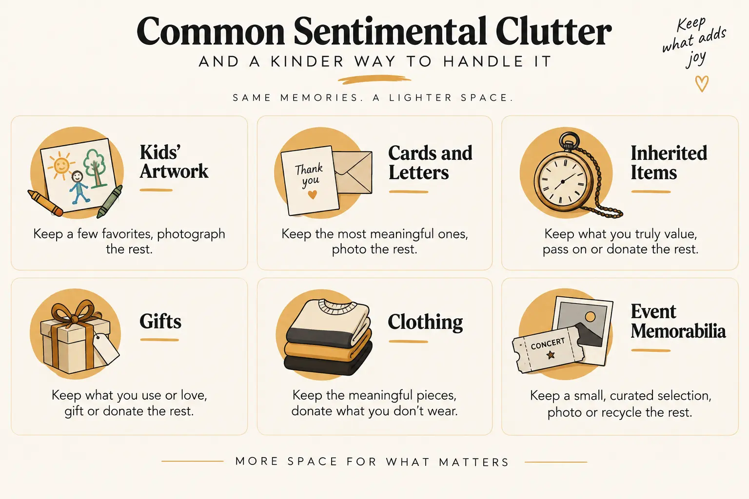 An infographic chart listing common categories of sentimental clutter such as kids' artwork, cards and letters, inherited items, and event memorabilia, each with a recommended approach