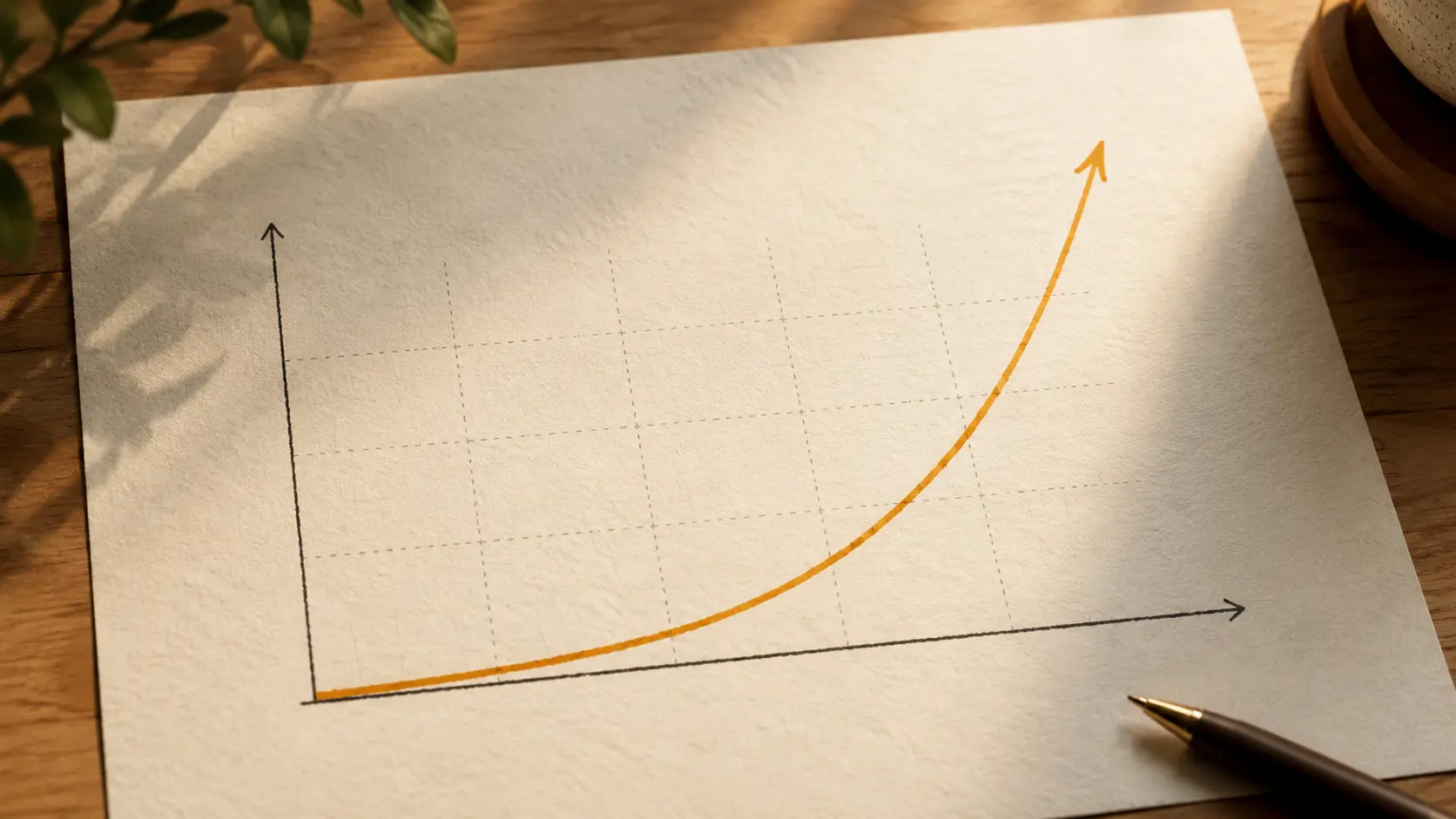A line chart showing an investment curving sharply upward over time, illustrating how compound interest accelerates in later years
