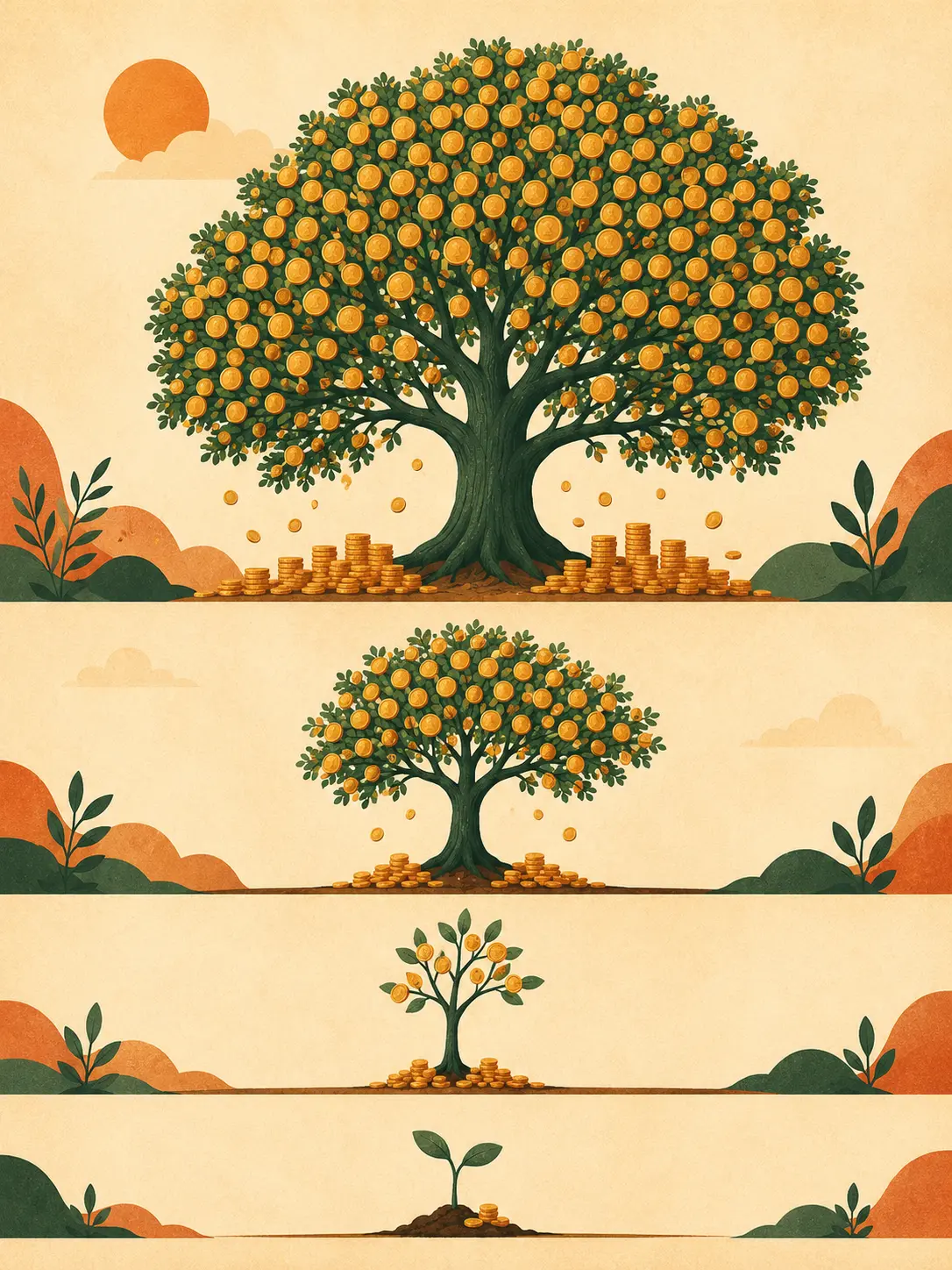 Illustration of a seedling growing into a massive tree across four stages, with coins as leaves accumulating exponentially — the final stage dwarfing all earlier ones, like compound growth