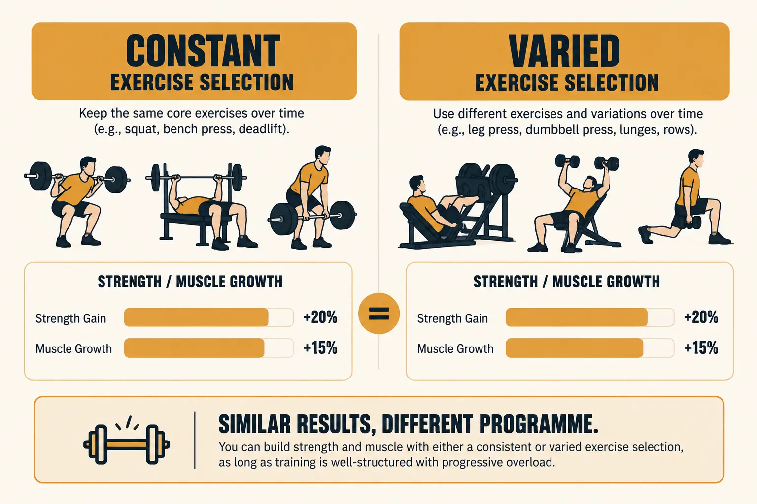 A diagram comparing two training groups — one using a constant exercise selection and one using varied exercise selection — reaching similarly sized strength and muscle growth outcomes