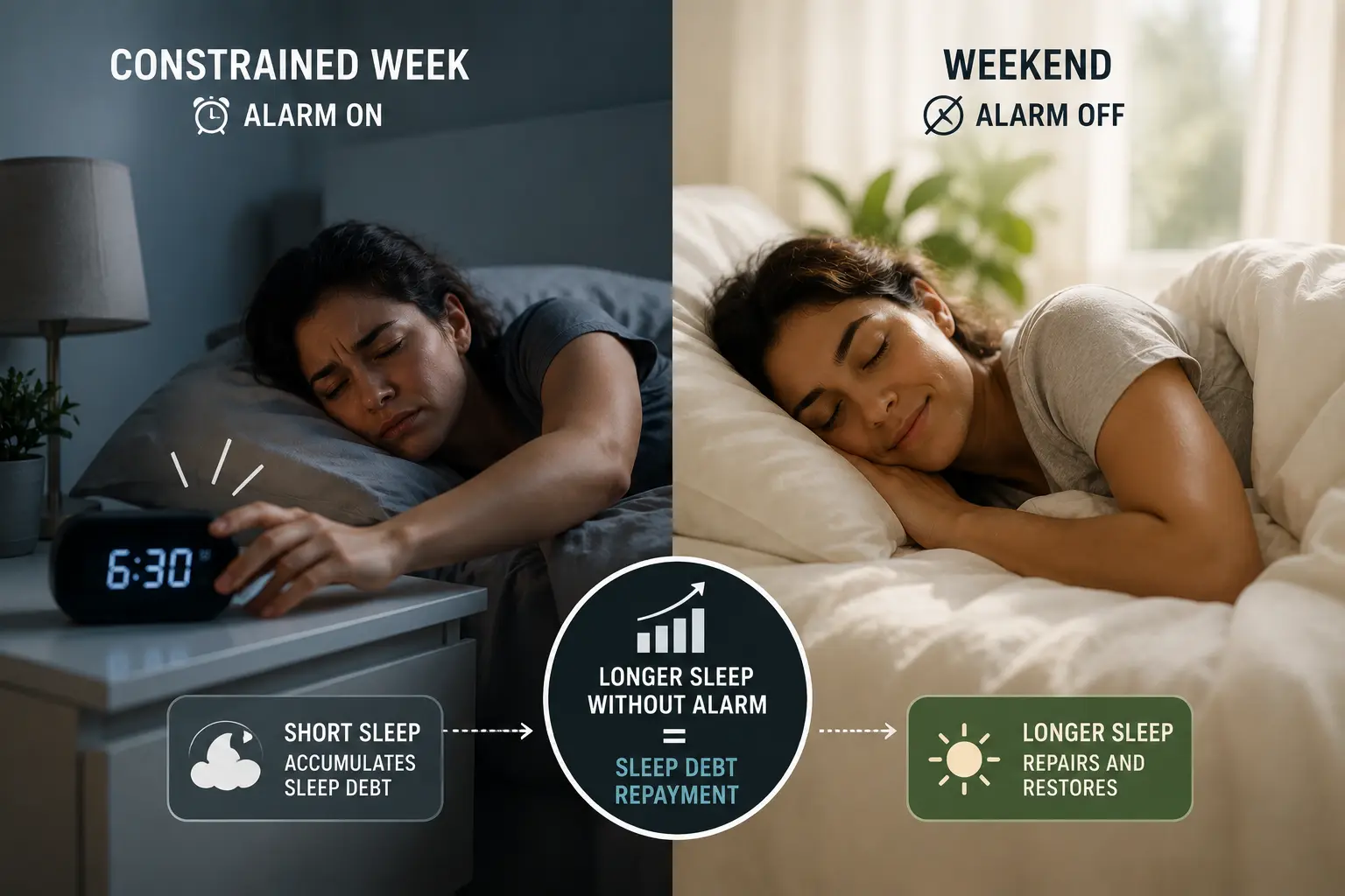 Close-up of an alarm clock beside a sleeping person — representing the alarm test that reveals whether you are carrying meaningful sleep debt