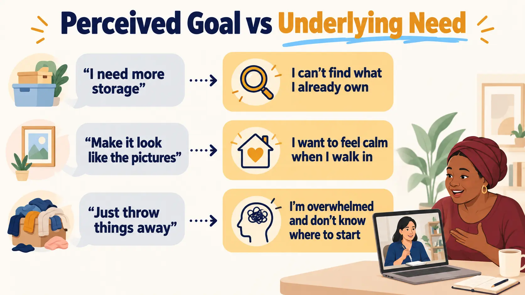 Comparison of perceived goals clients often state, such as more storage, with the underlying needs an organizer uncovers, such as finding things quickly.