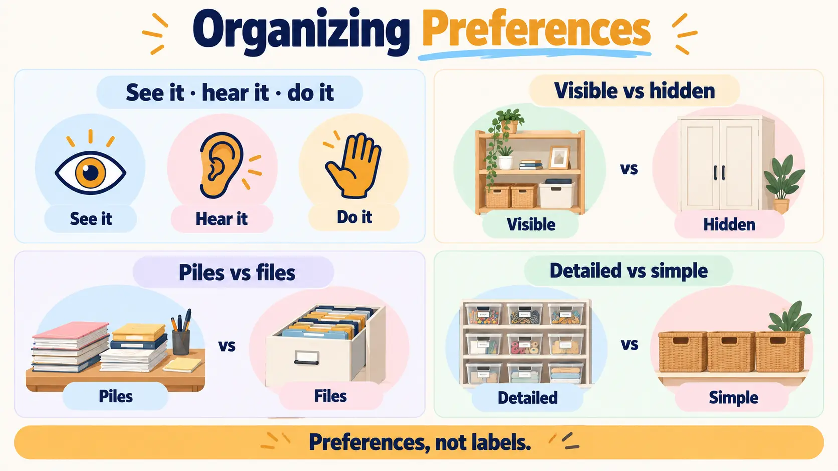 Four pairs of organizing preferences: learn by seeing, hearing or doing; visible versus hidden storage; piles versus files; and detailed versus simple systems.