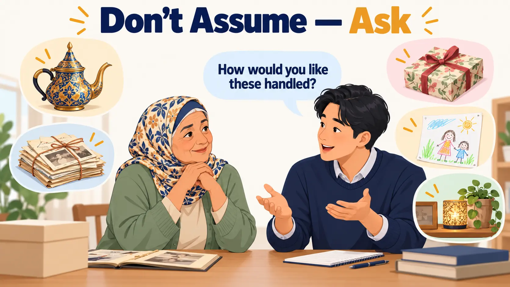 Illustration of an organizer asking a client how she would like meaningful items handled, surrounded by examples such as religious objects, inherited items, gifts and children's artwork.