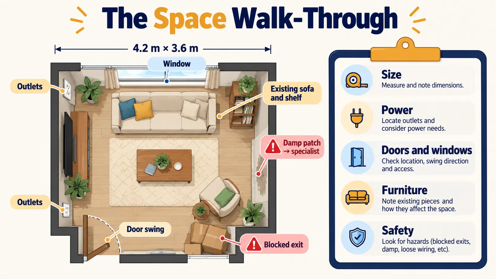 Floor-plan style walk-through checklist showing measurements, outlets, door swings, windows, existing furniture and flagged safety hazards such as a blocked exit and a damp patch.