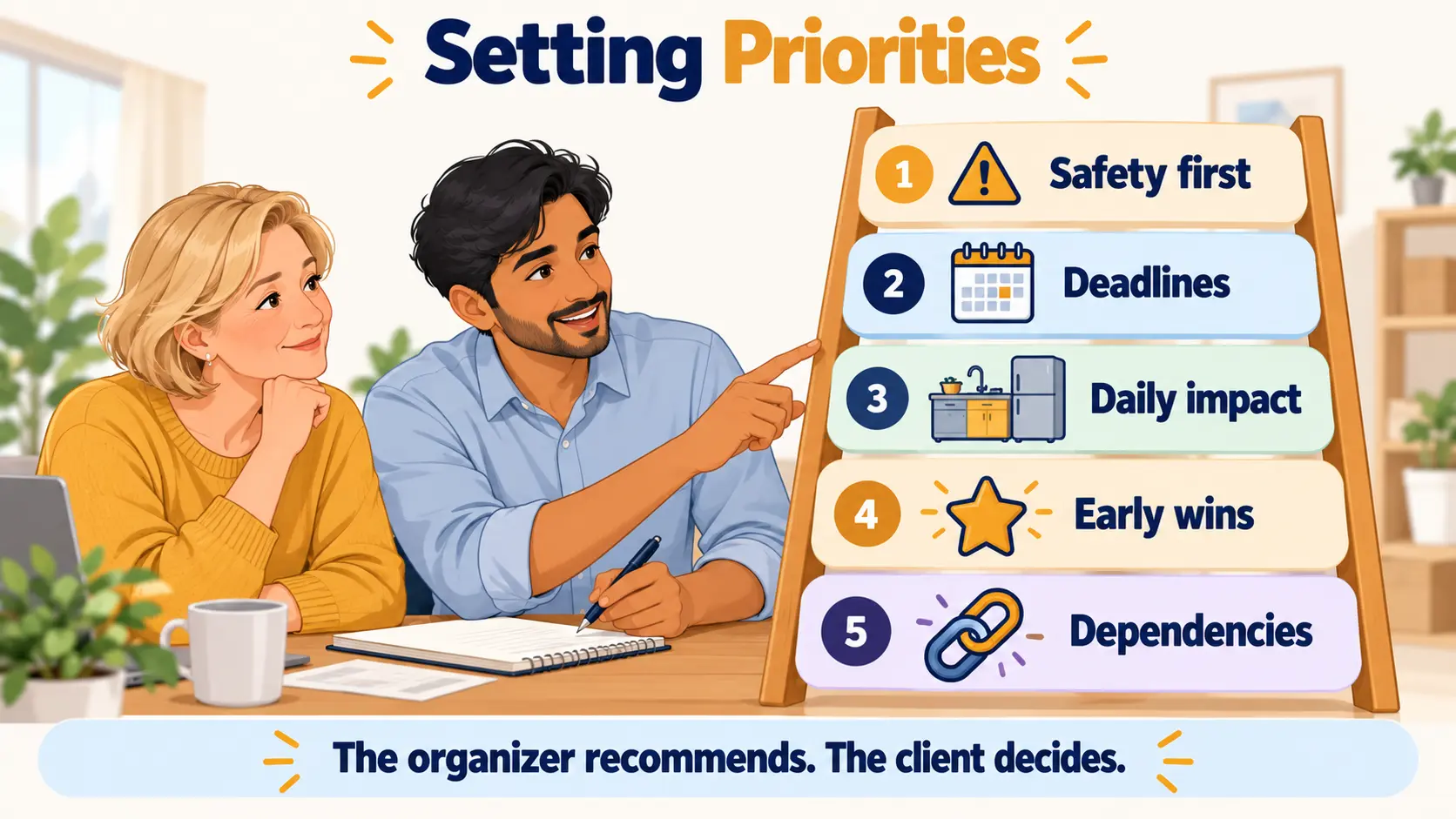 Priority ladder for an organizing project, from top to bottom: safety first, deadlines, daily impact, early wins, and dependencies, with the client making the final call.