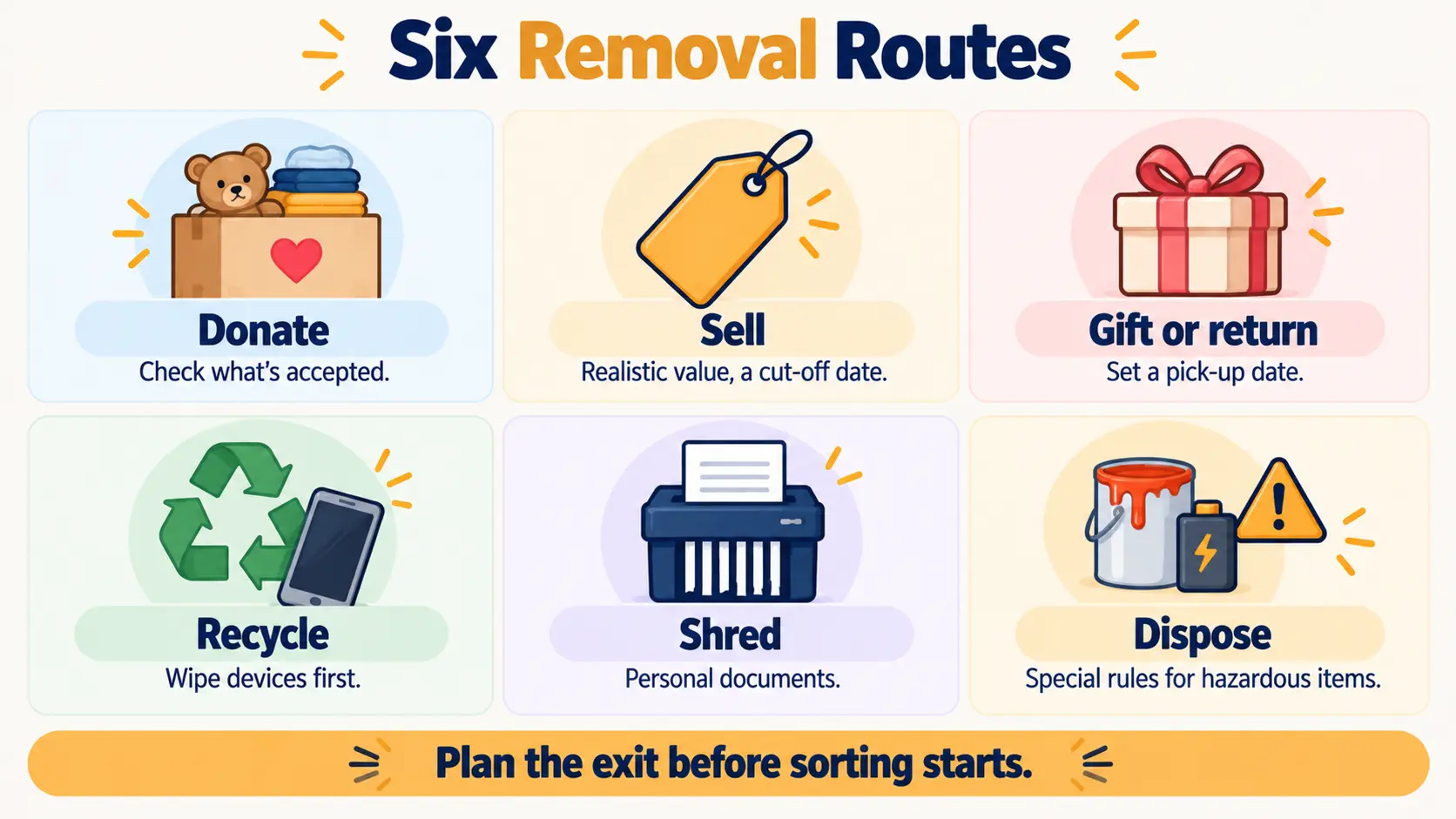 Six removal routes for items leaving a home: donate, sell, gift or return, recycle, shred and dispose, each with a simple icon and a planning tip.