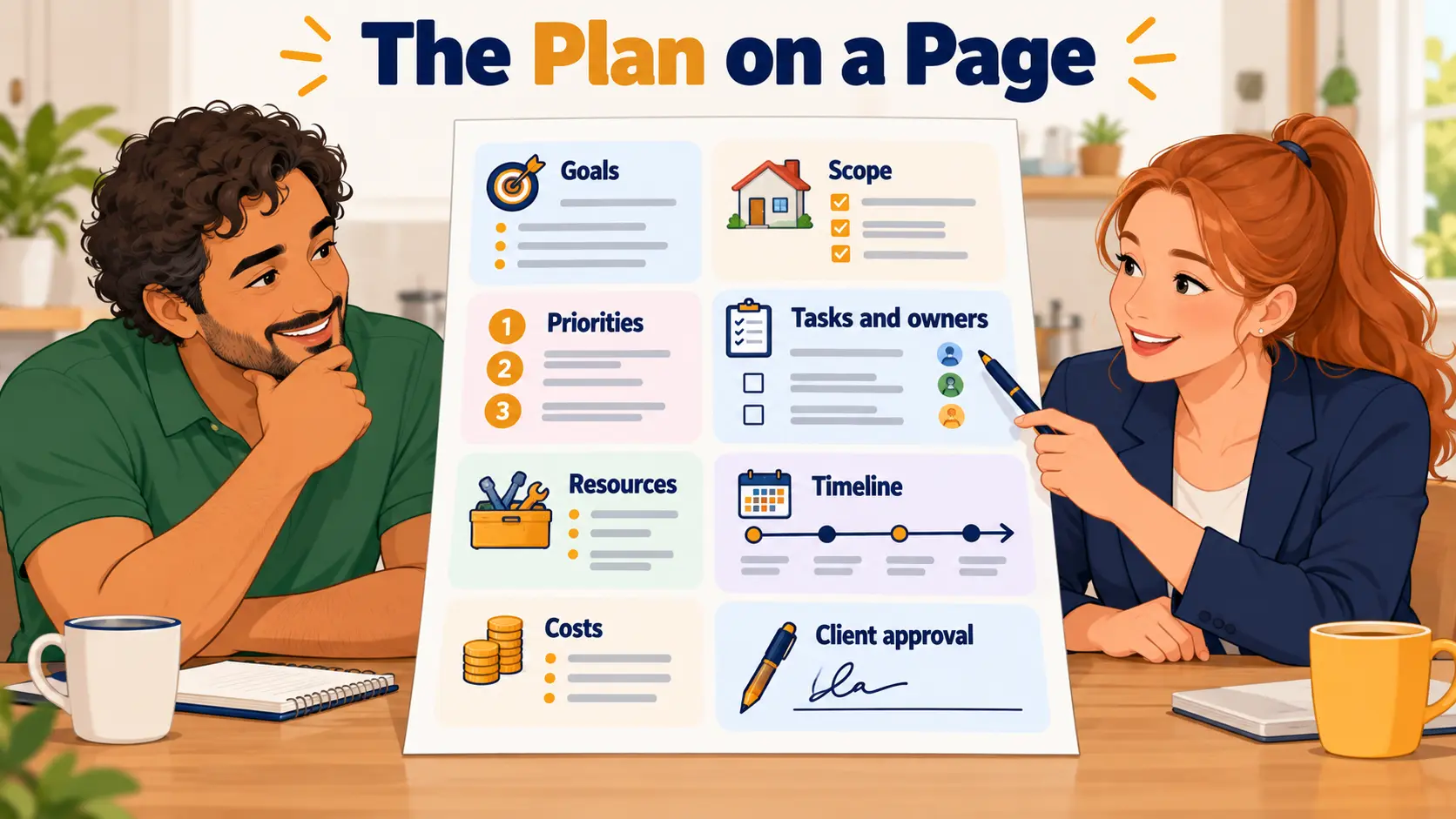 One-page project plan with sections for goals, scope, priorities, tasks and owners, resources, timeline and costs, and a space for client approval.