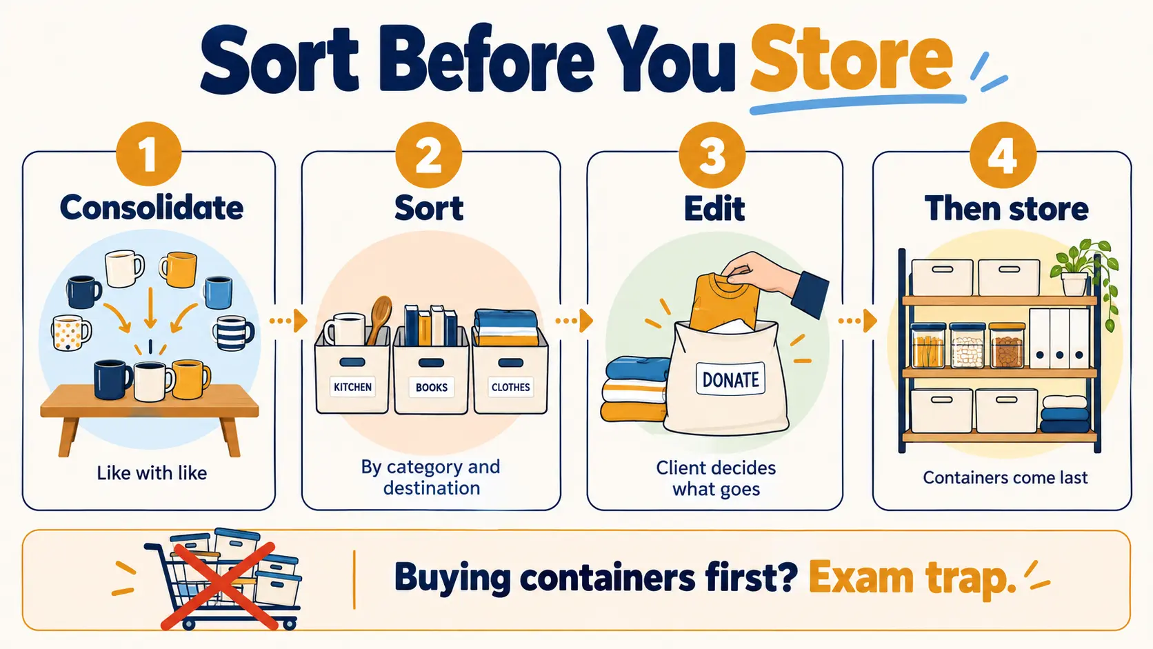 Four-step flow showing the professional organizing order: consolidate like items, sort and categorize, edit out excess, and only then choose storage.