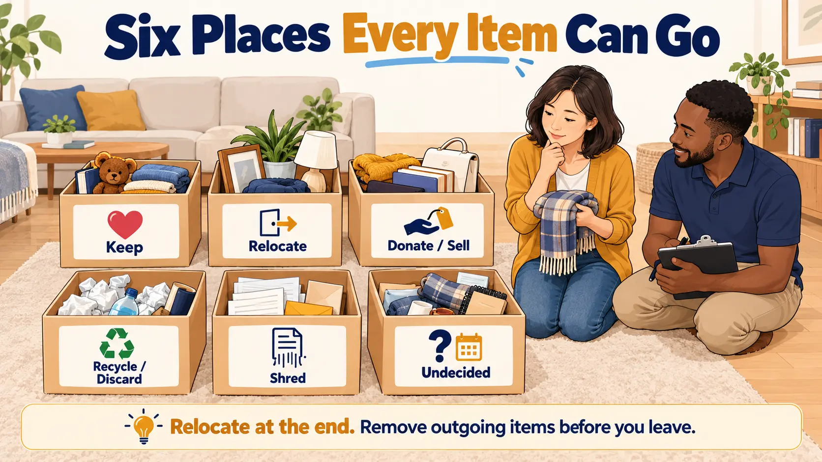 Six labelled sorting boxes on a cleared floor: keep, relocate, donate or sell, recycle or discard, shred, and undecided.