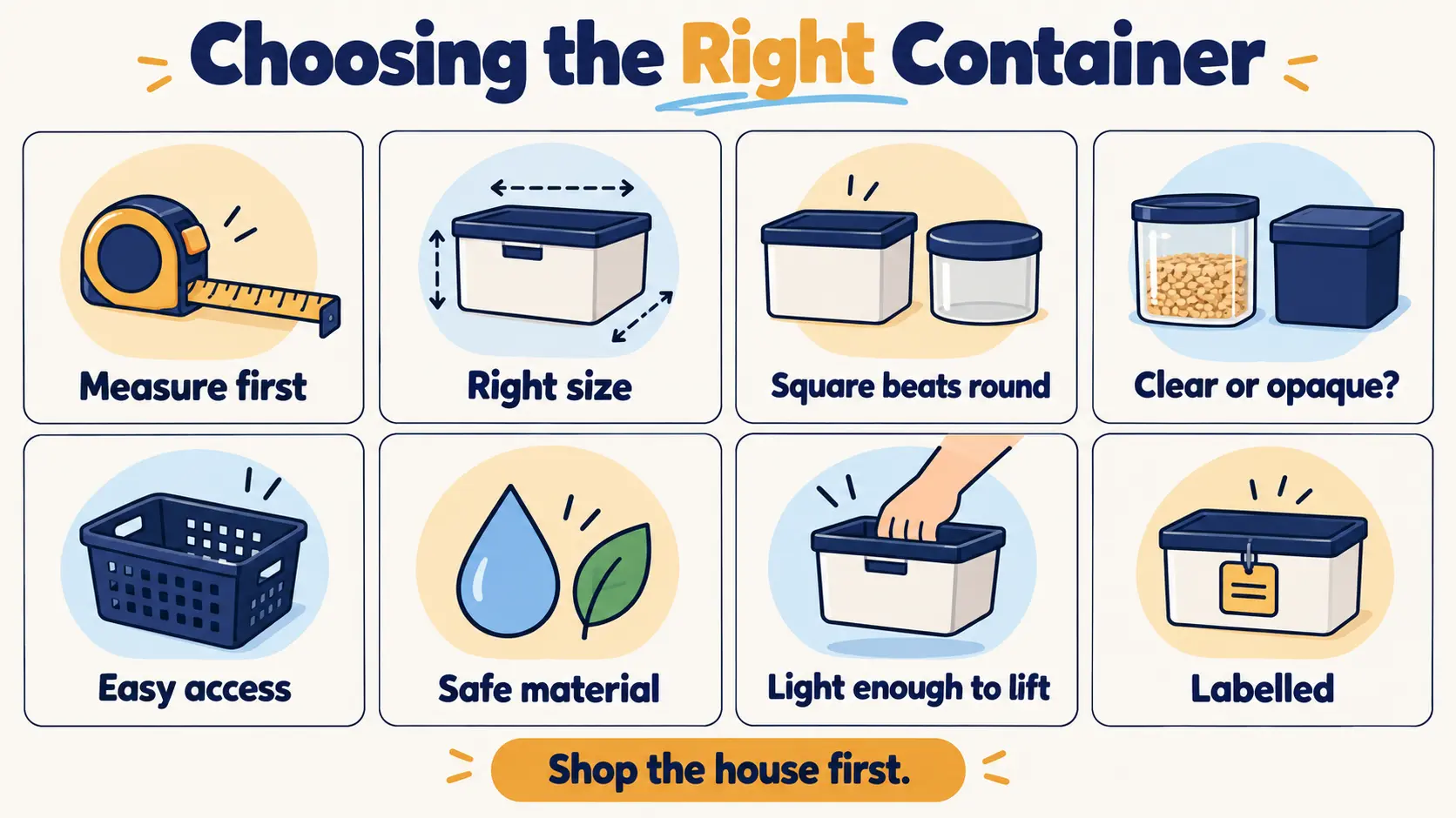 Checklist infographic for choosing containers: measure first, right size, square shape, clear or opaque, easy access, safe material, light enough to lift, and labelled.
