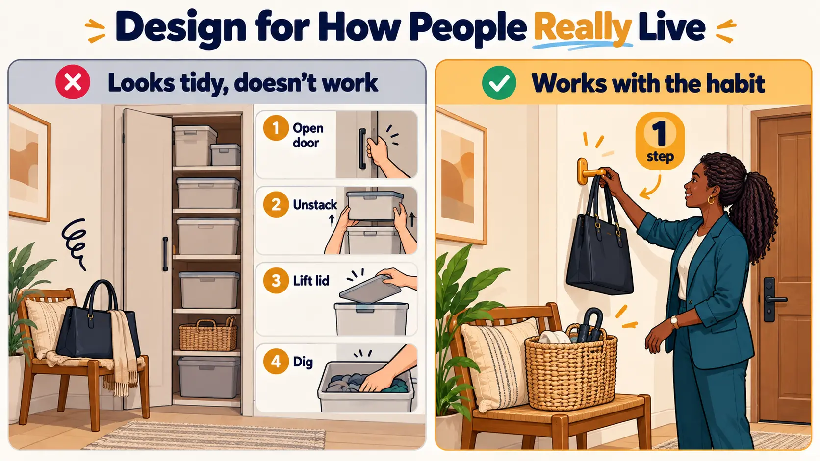 Before and after comparison: a closed cupboard of stacked lidded boxes that takes four steps to reach daily items, versus open baskets at waist height with a hook by the chair where the client naturally drops her bag.