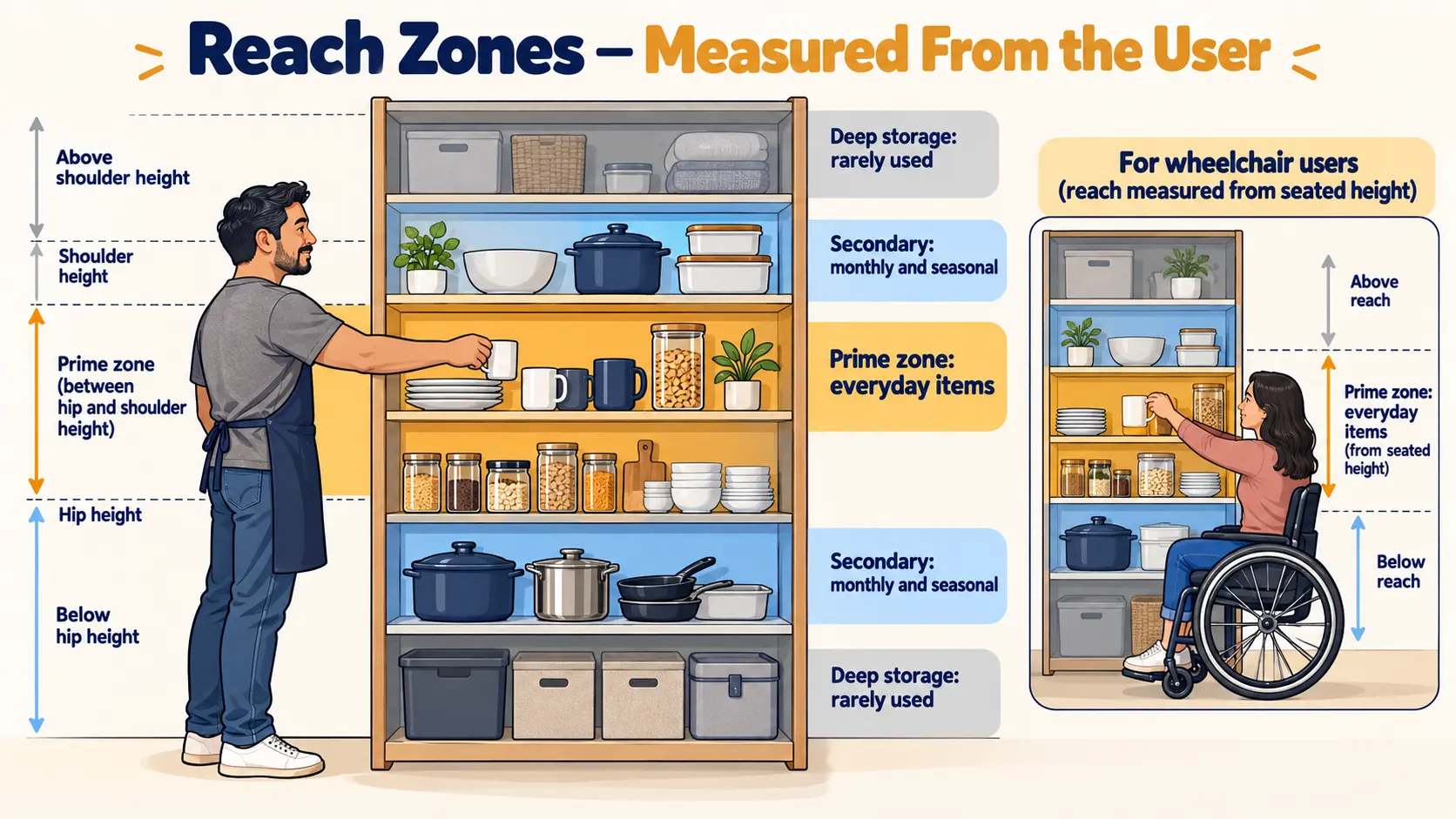 Diagram of a shelving unit beside a person showing the prime zone between hip and shoulder height for everyday items, secondary zones on low and high shelves, and deep storage at the very top and bottom.