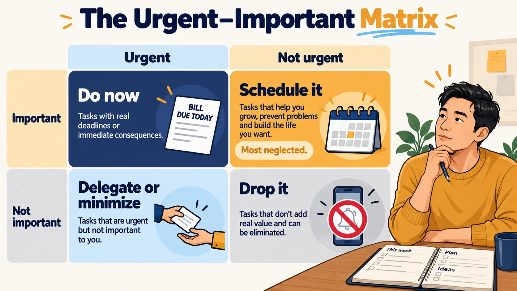 Two-by-two urgent and important matrix: do now, schedule it, delegate or minimize, and drop it, each with a household example.