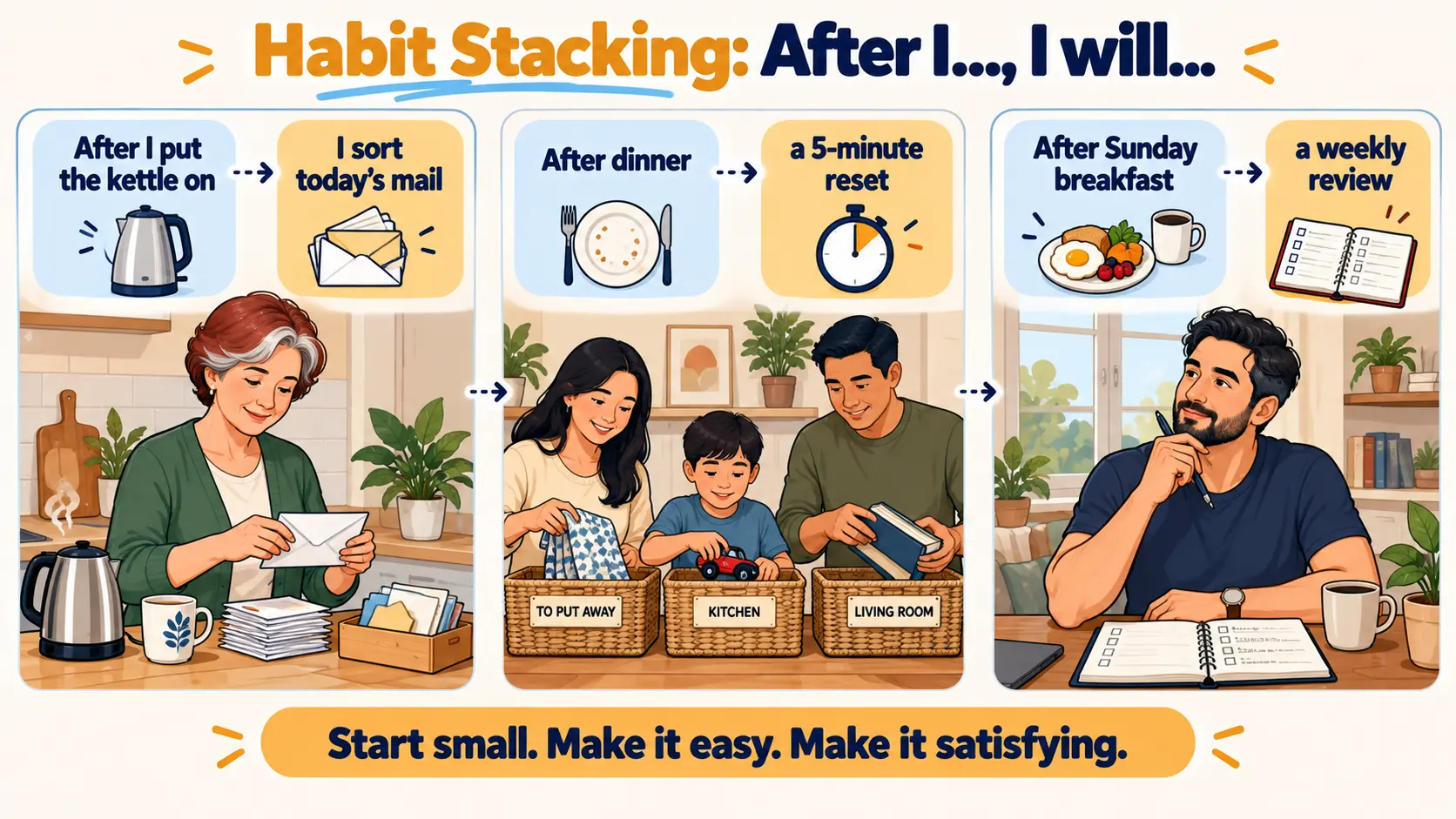 Illustration of habit stacking: after putting the kettle on, sort the mail; after dinner, a five-minute reset; after Sunday breakfast, a weekly review.