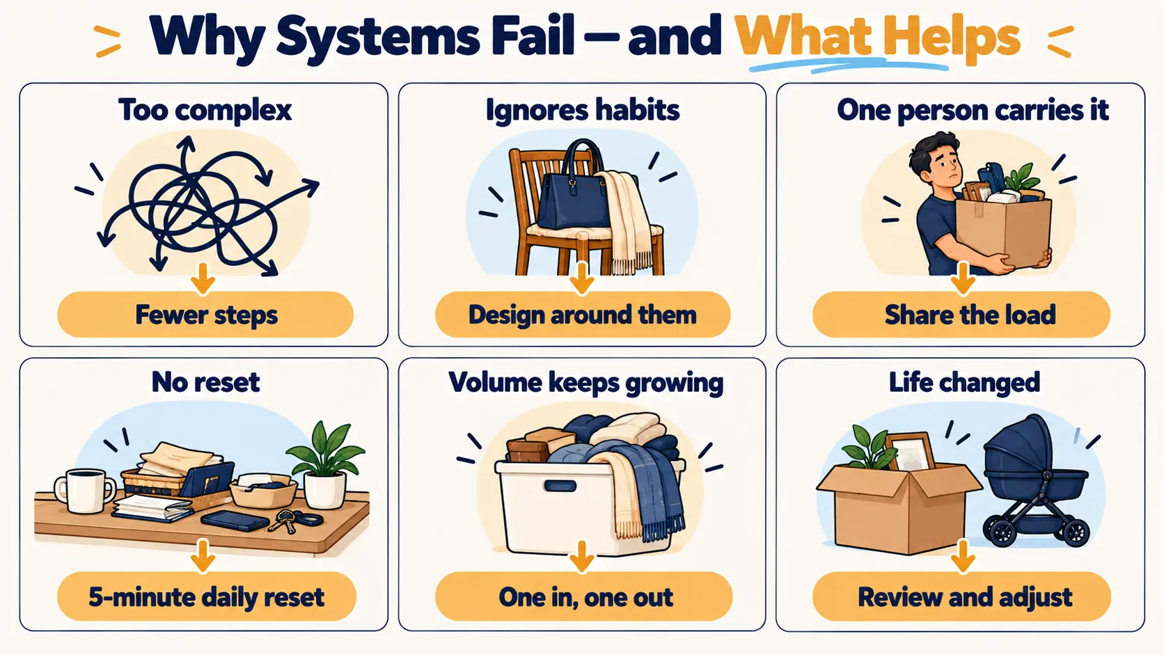 Infographic showing common reasons organizing systems fail — too complex, wrong habits, one person carrying it, no reset, growing volume and life changes — each paired with a fix.