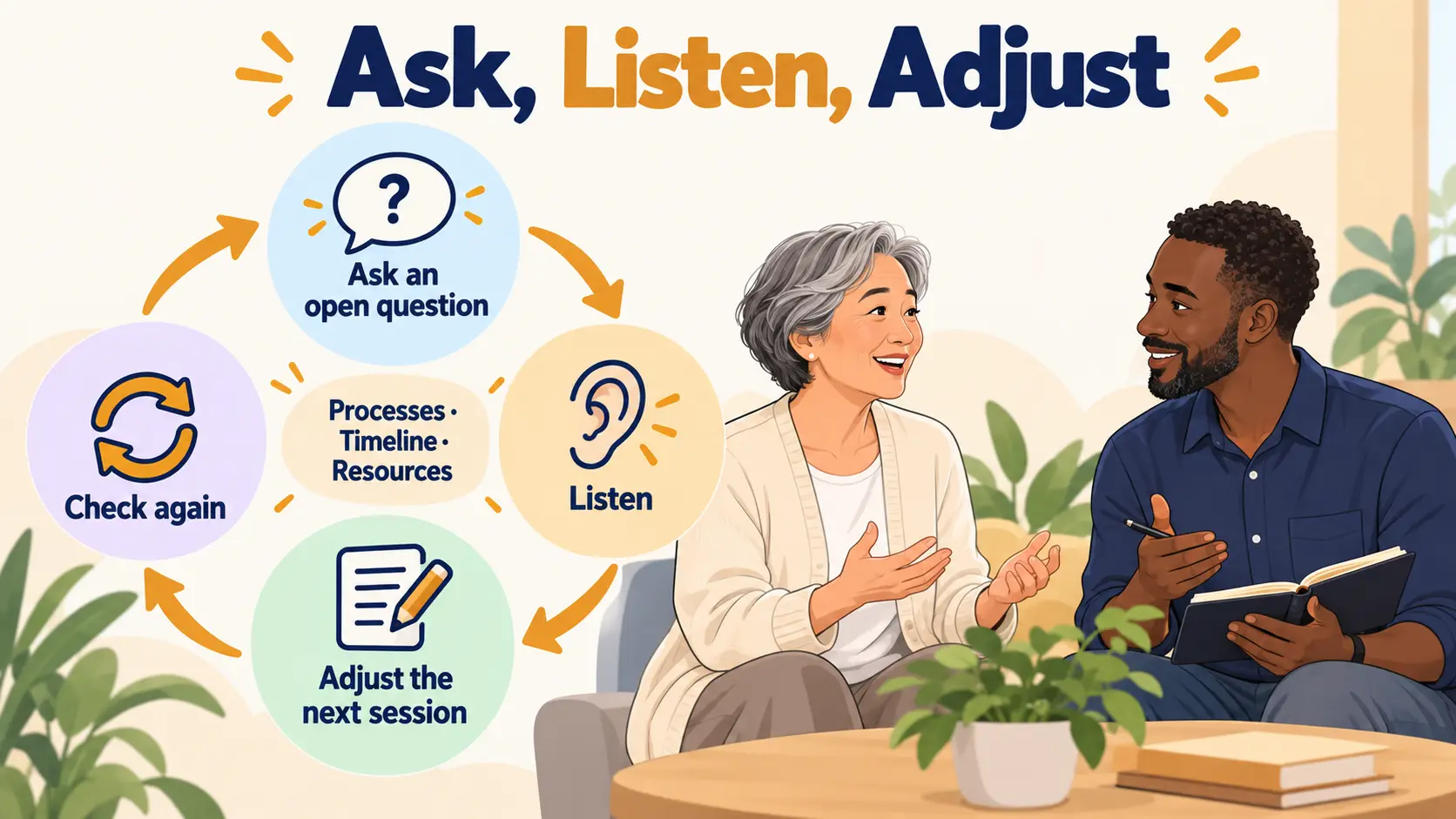 Circular feedback loop: ask an open question, listen, adjust the next session, and check again, with processes, timeline and resources in the centre.