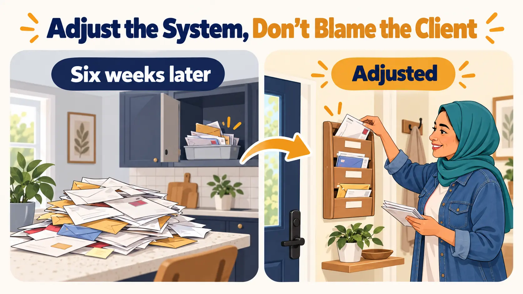 Before and after: a cluttered mail pile at follow-up, then a simpler wall-mounted mail sorter by the door, with the caption adjust the system, don't blame the client.