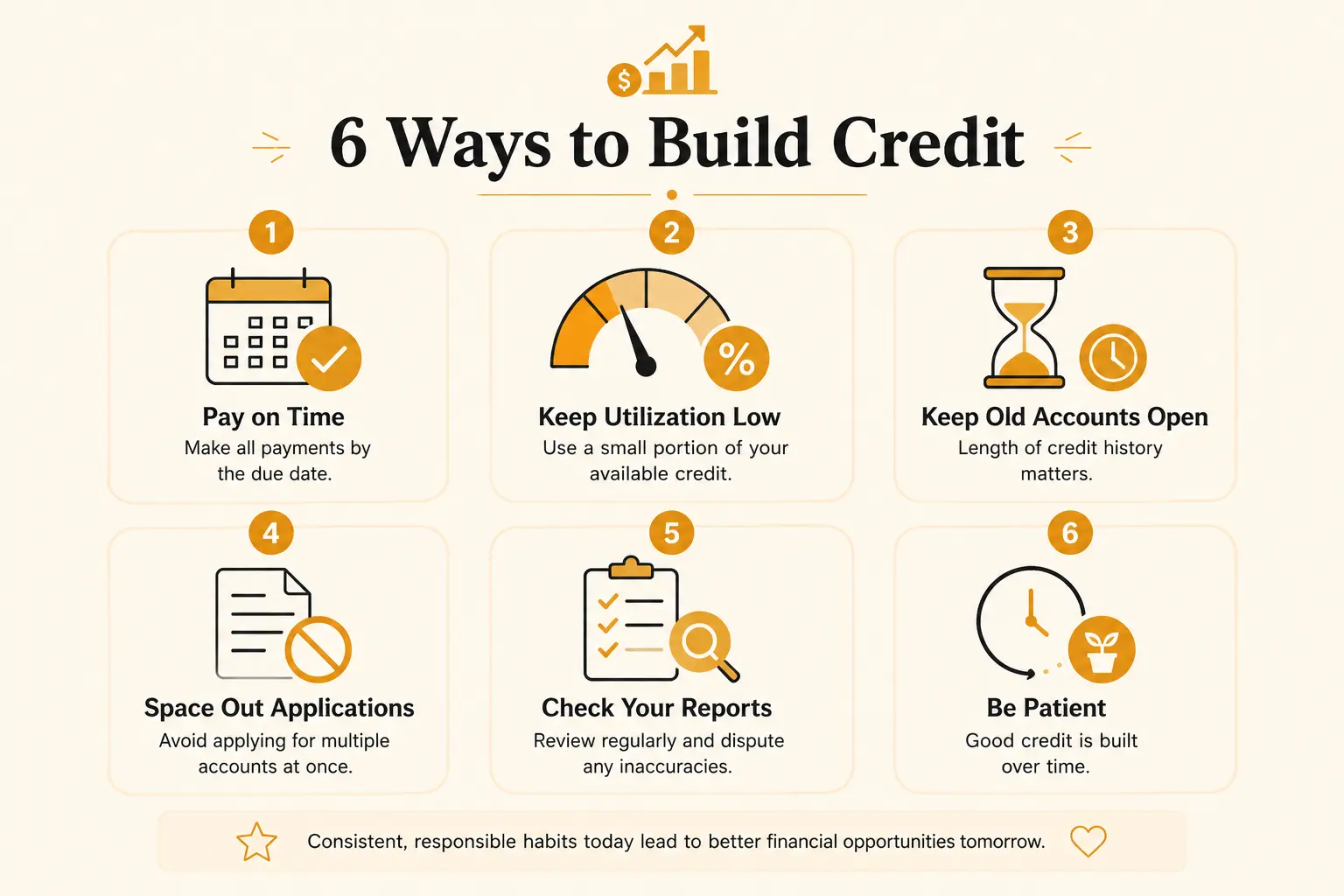 A checklist infographic showing six ways to build or improve a credit score: on-time payments, low utilization, keeping old accounts open, spacing applications, checking reports, and time