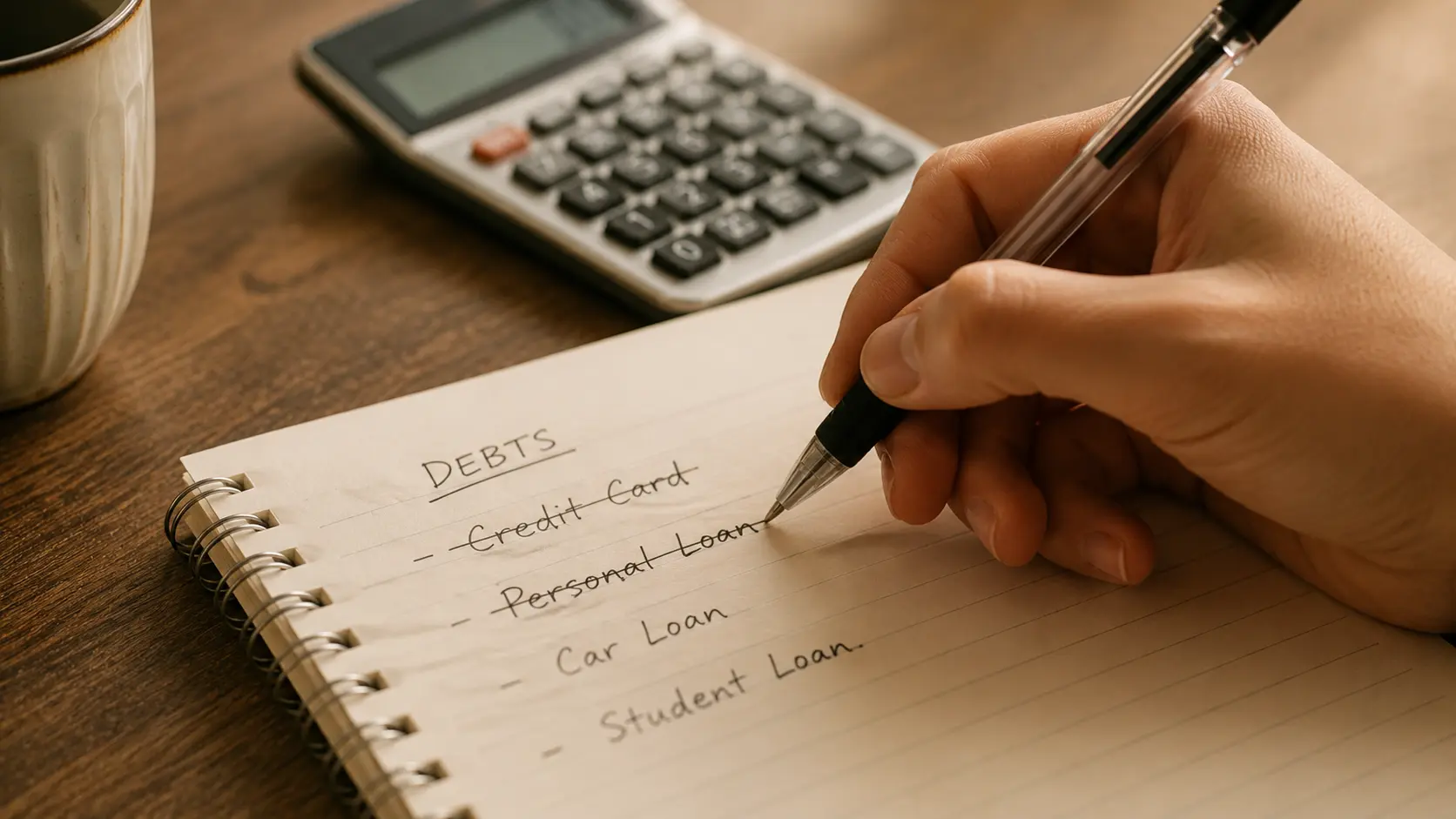 A hand crossing off a paid-off debt from a written list of several debts, illustrating the motivational effect of an early payoff win