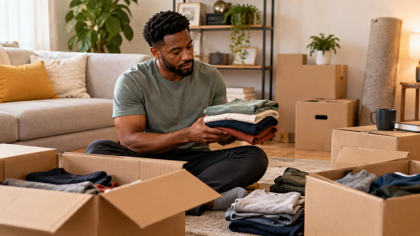 A Black man in his early 30s wearing a casual t-shirt, sitting on the floor of a living room surrounded by half-packed moving boxes, holding a stack of folded clothes and looking focused while sorting