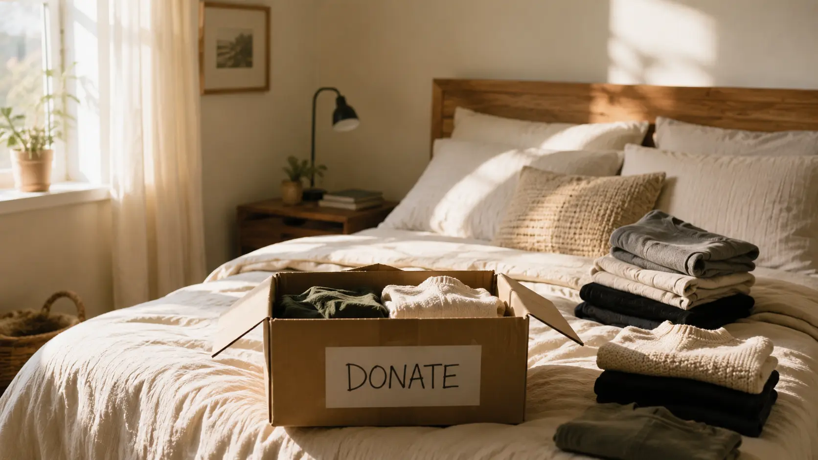 A tidy, sunlit bedroom mid-declutter with neatly folded clothes stacked beside a labelled donation box — a realistic, room-by-room approach to decluttering a home