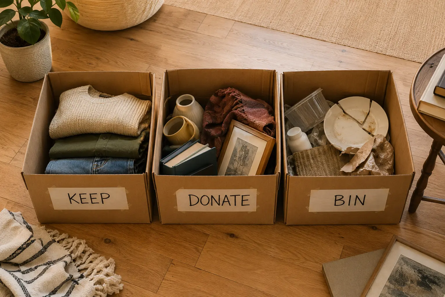 Three open cardboard boxes labelled keep, donate and bin, used to sort belongings during a home declutter session