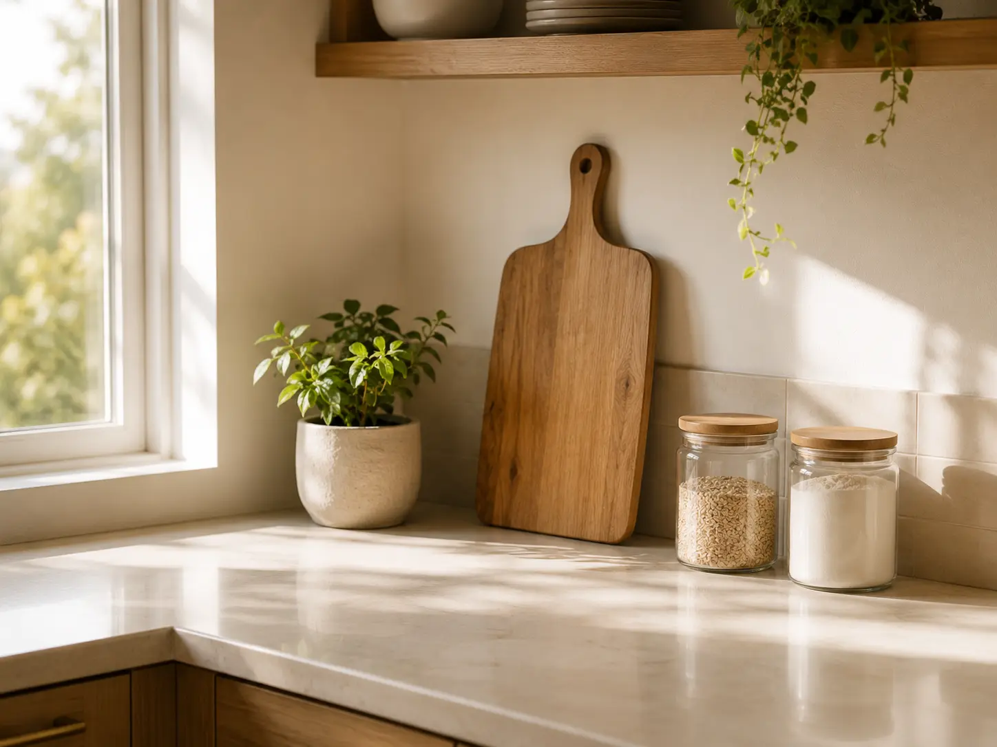 A decluttered kitchen countertop with only a few essential items visible, replacing a cluttered surface