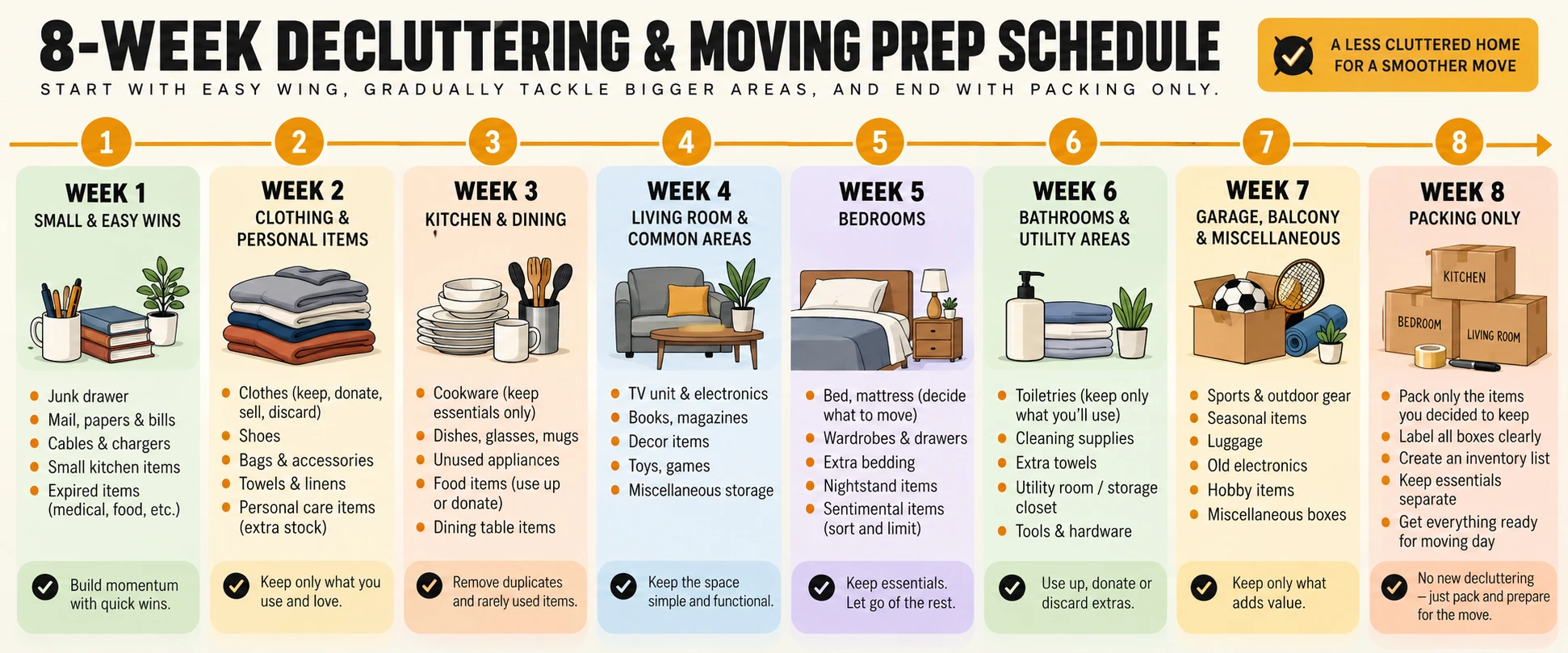 A horizontal timeline infographic showing an 8-week decluttering schedule before a move, starting with easy categories and ending with packing only in the final week