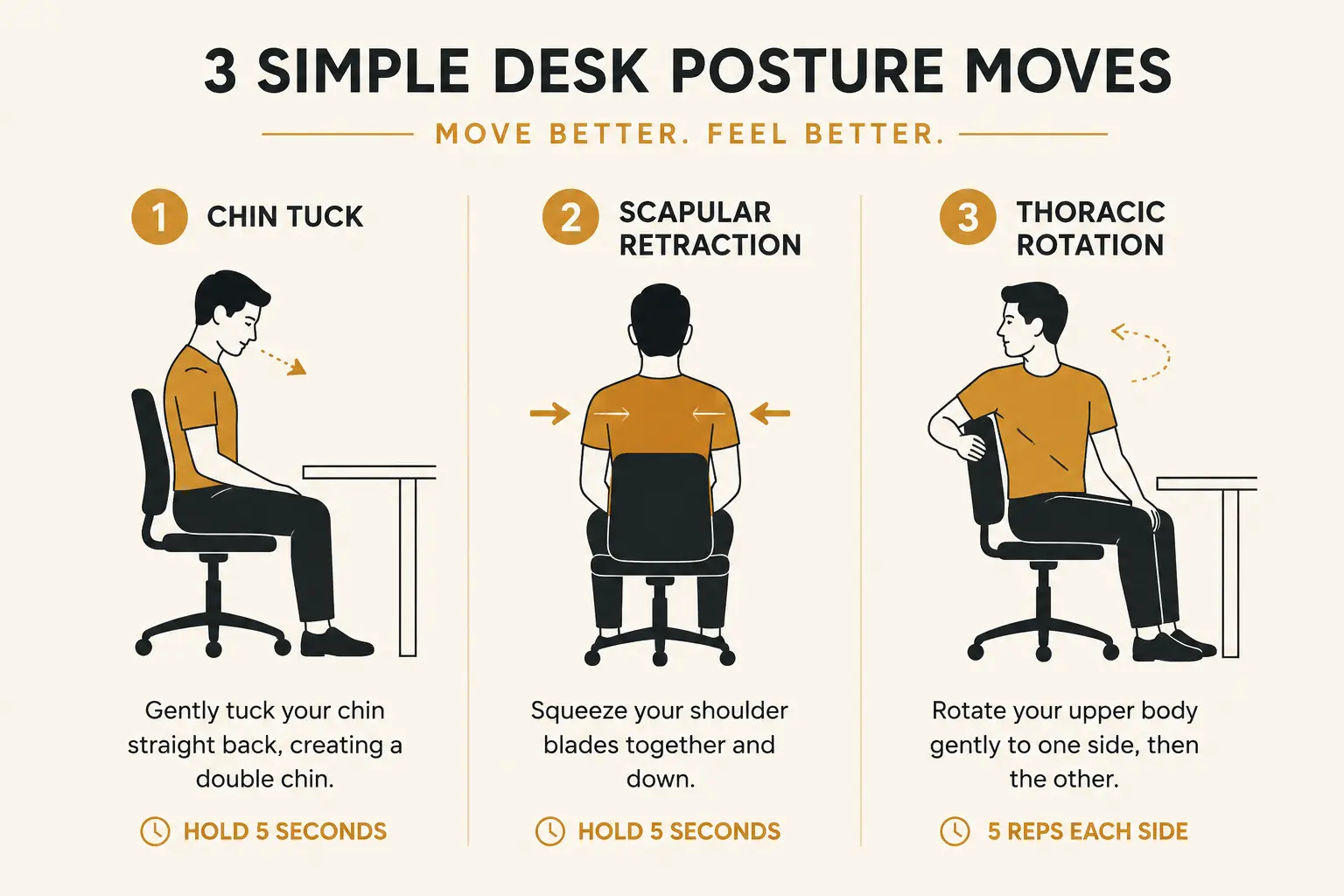 A step-by-step infographic illustrating three desk posture exercises: chin tuck, scapular retraction, and thoracic rotation