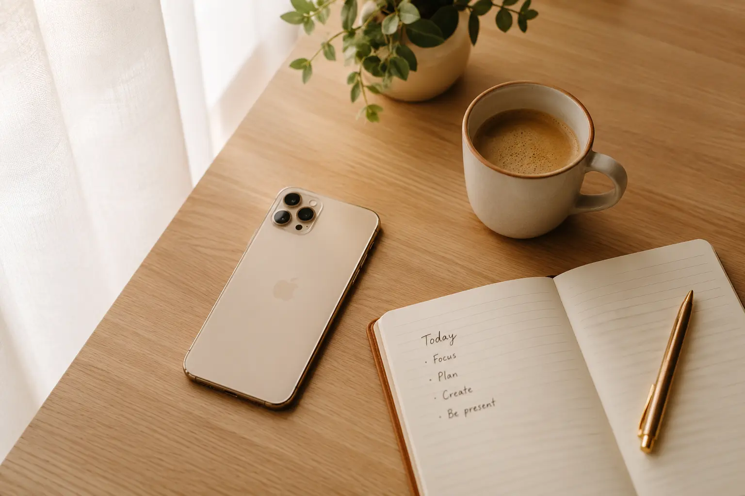 A calm, uncluttered desk with a single phone face-down beside a notebook, representing an intentional relationship with technology