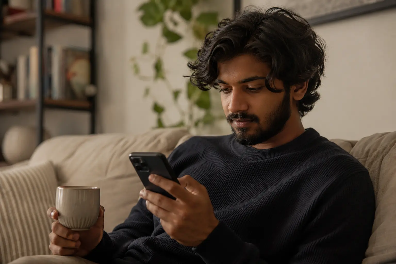 A person sitting on a couch scrolling through a phone camera roll with a cup of tea, calmly sorting through photos