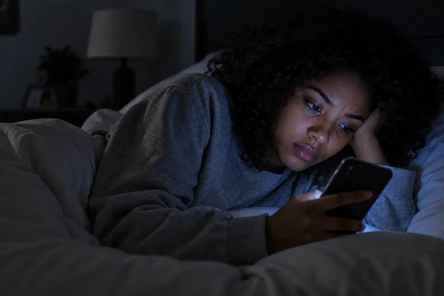 A woman lying in bed late at night, illuminated by the glow of her phone screen, scrolling with a tense, absorbed expression